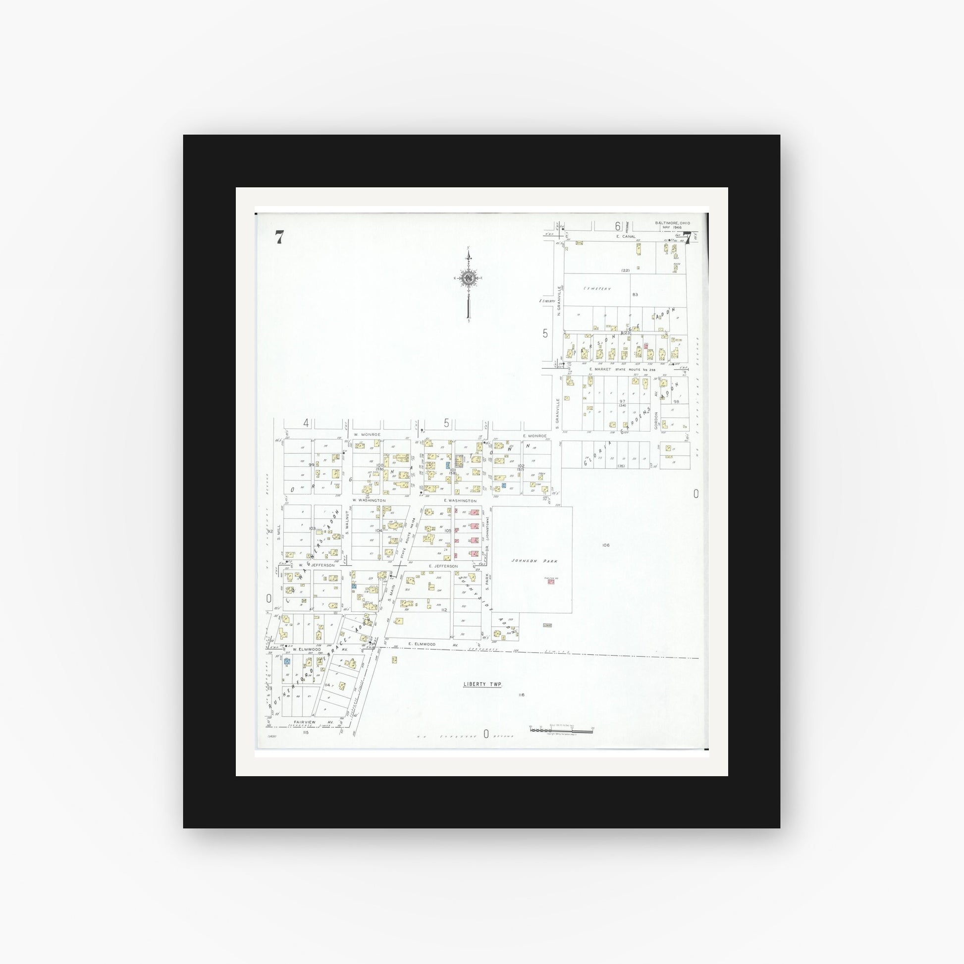 Old map wall art mockup — black gallery frame with white mat — Sanborn Fire Insurance Map from Baltimore, Fairfield County, Ohio (1946), Sheet #0007