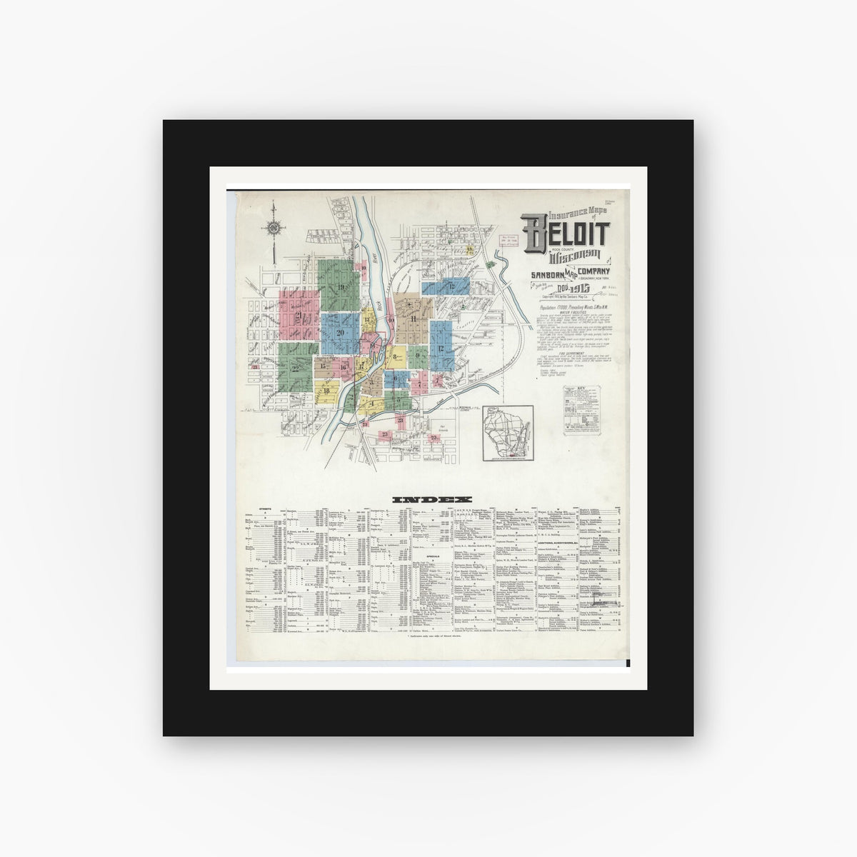 Old map wall art mockup — black gallery frame with white mat — Sanborn Fire Insurance Map from Beloit, Rock County, Wisconsin (1915) - Complete Map Set