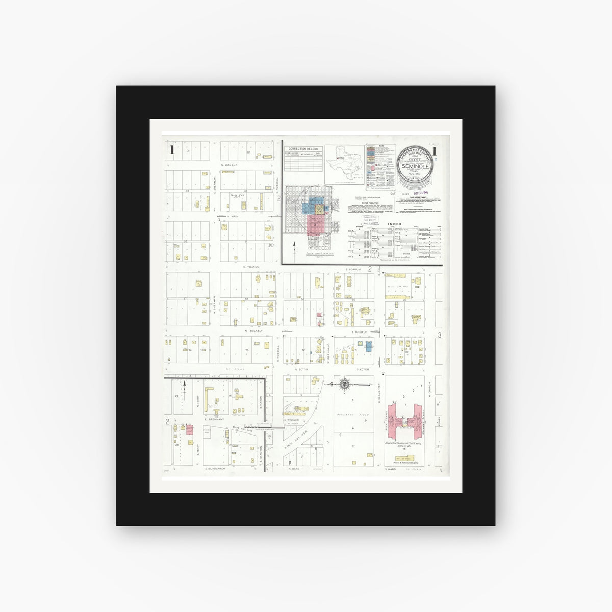 Old map wall art mockup — black gallery frame with white mat — Sanborn Fire Insurance Map from Seminole, Gaines County, Texas (1941), Sheet #0001