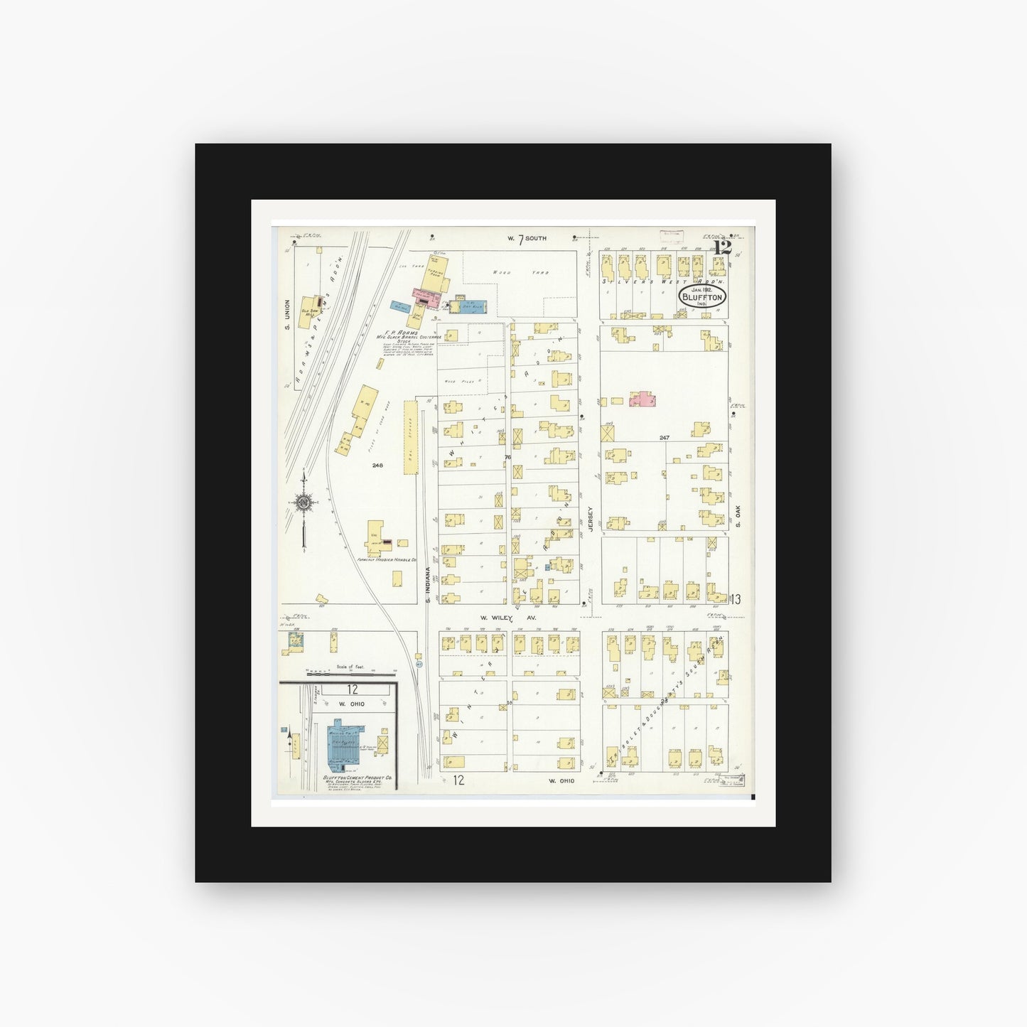 Old map wall art mockup — black gallery frame with white mat — Sanborn Fire Insurance Map from Bluffton, Wells County, Indiana (1912), Sheet #0012