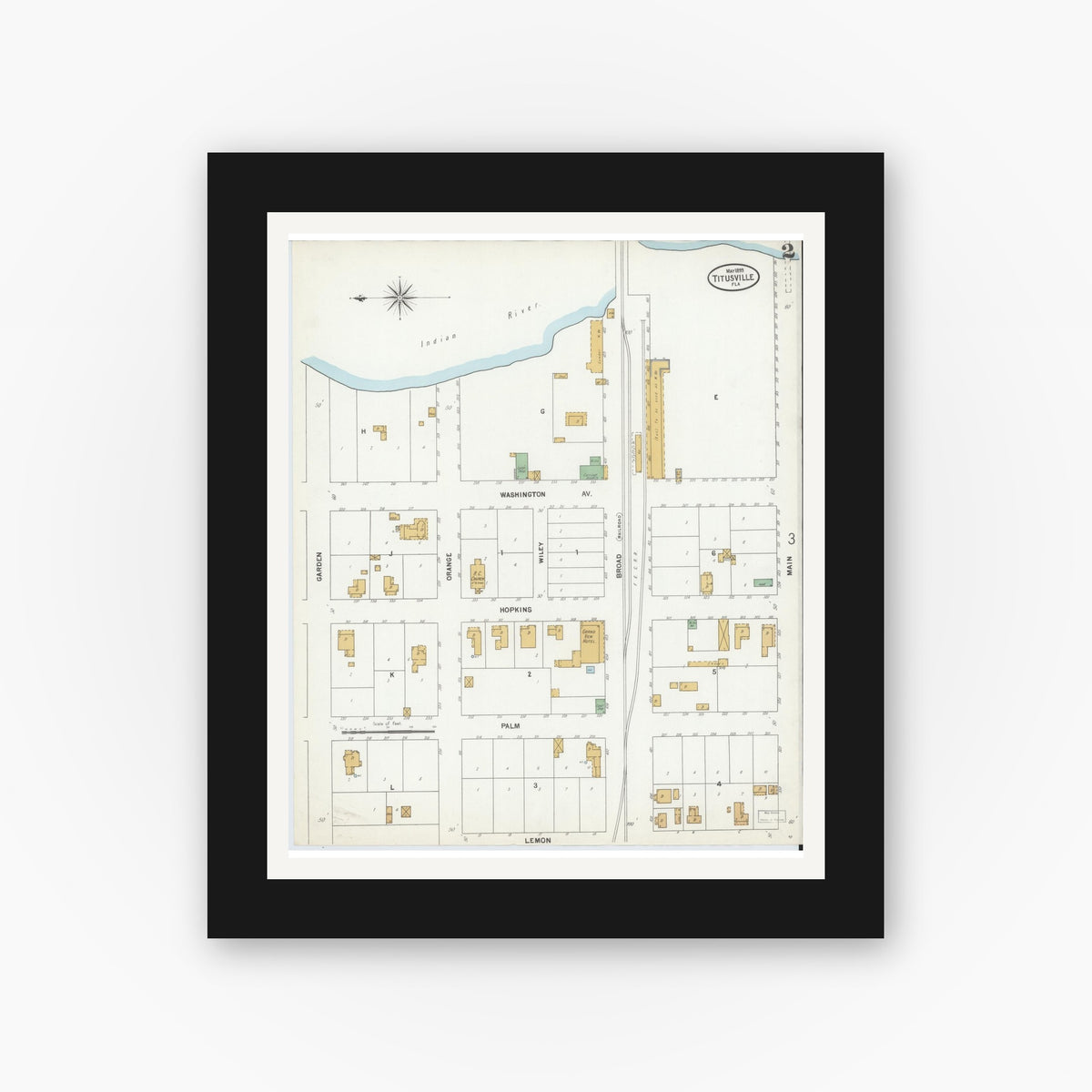 Old map wall art mockup — black gallery frame with white mat — Sanborn Fire Insurance Map from Titusville, Brevard County, Florida (1899), Sheet #0002
