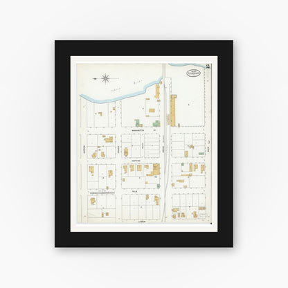 Old map wall art mockup — black gallery frame with white mat — Sanborn Fire Insurance Map from Titusville, Brevard County, Florida (1899), Sheet #0002