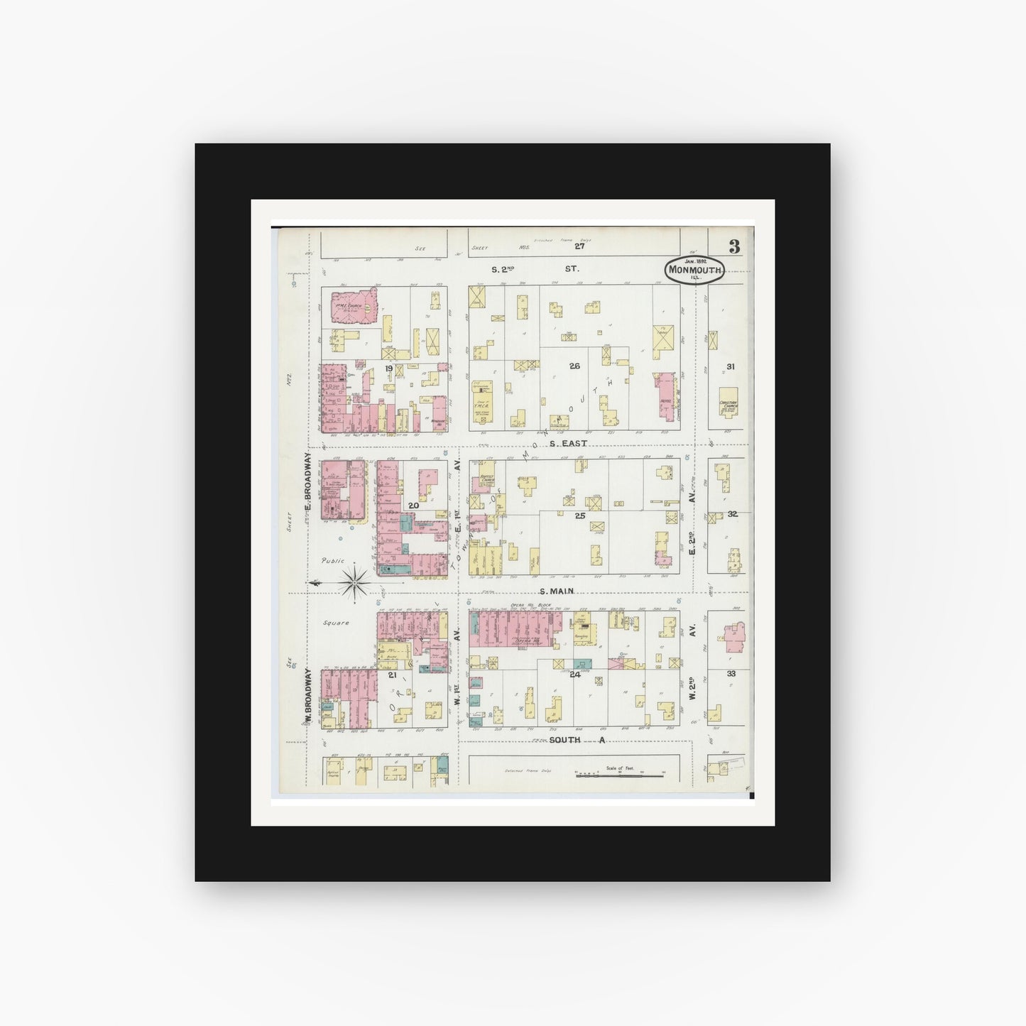 Old map wall art mockup — black gallery frame with white mat — Sanborn Fire Insurance Map from Monmouth, Warren County, Illinois (1892), Sheet #0003