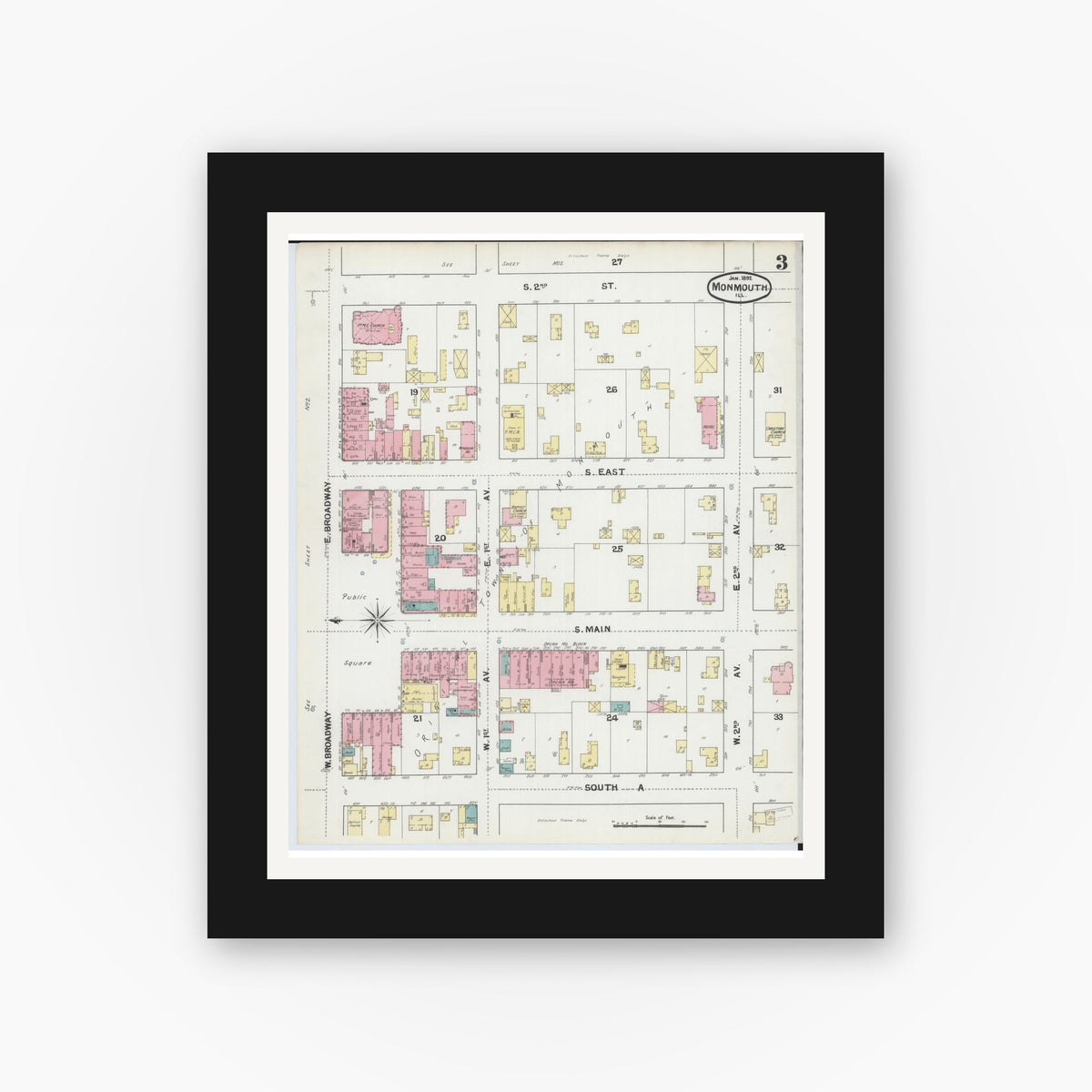 Old map wall art mockup — black gallery frame with white mat — Sanborn Fire Insurance Map from Monmouth, Warren County, Illinois (1892), Sheet #0003