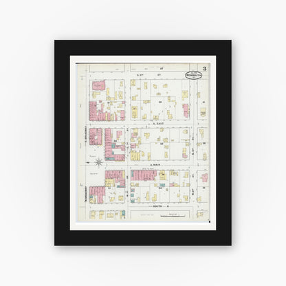 Old map wall art mockup — black gallery frame with white mat — Sanborn Fire Insurance Map from Monmouth, Warren County, Illinois (1892), Sheet #0003