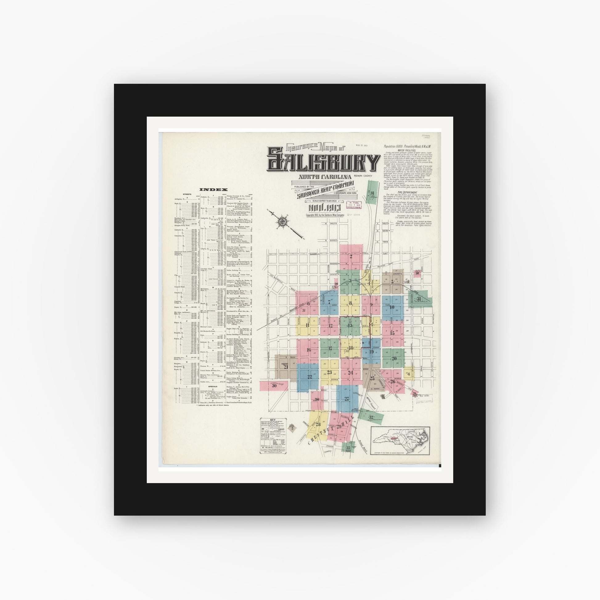 Old map wall art mockup — black gallery frame with white mat — Sanborn Fire Insurance Map from Salisbury, Rowan County, North Carolina (1913) - Complete Map Set