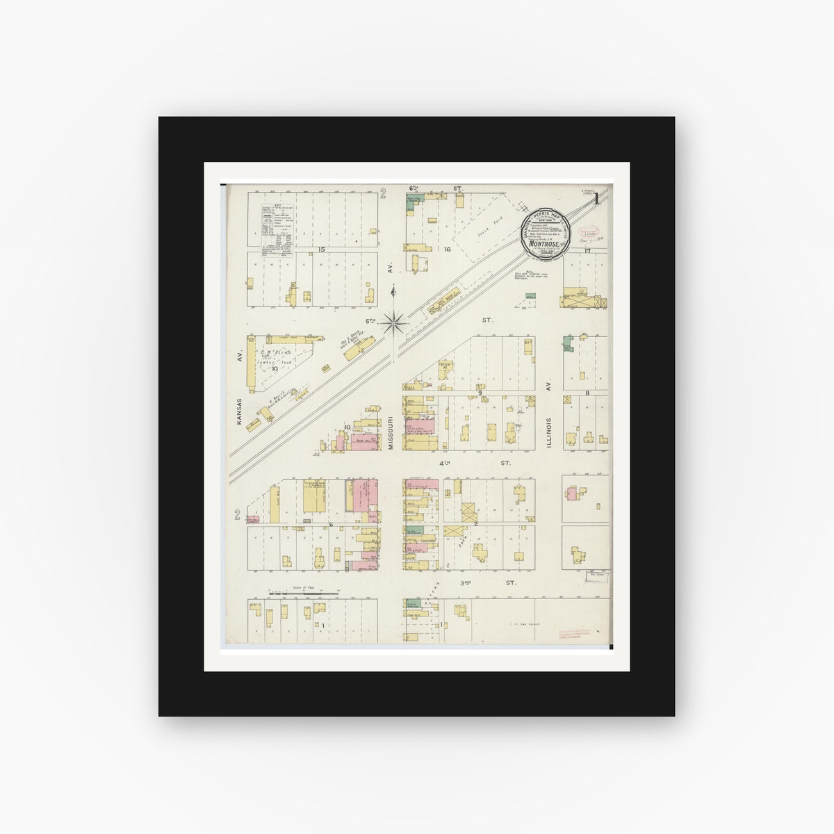 Old map wall art mockup — black gallery frame with white mat — Sanborn Fire Insurance Map from Montrose, Henry County, Missouri (1894), Sheet #0001