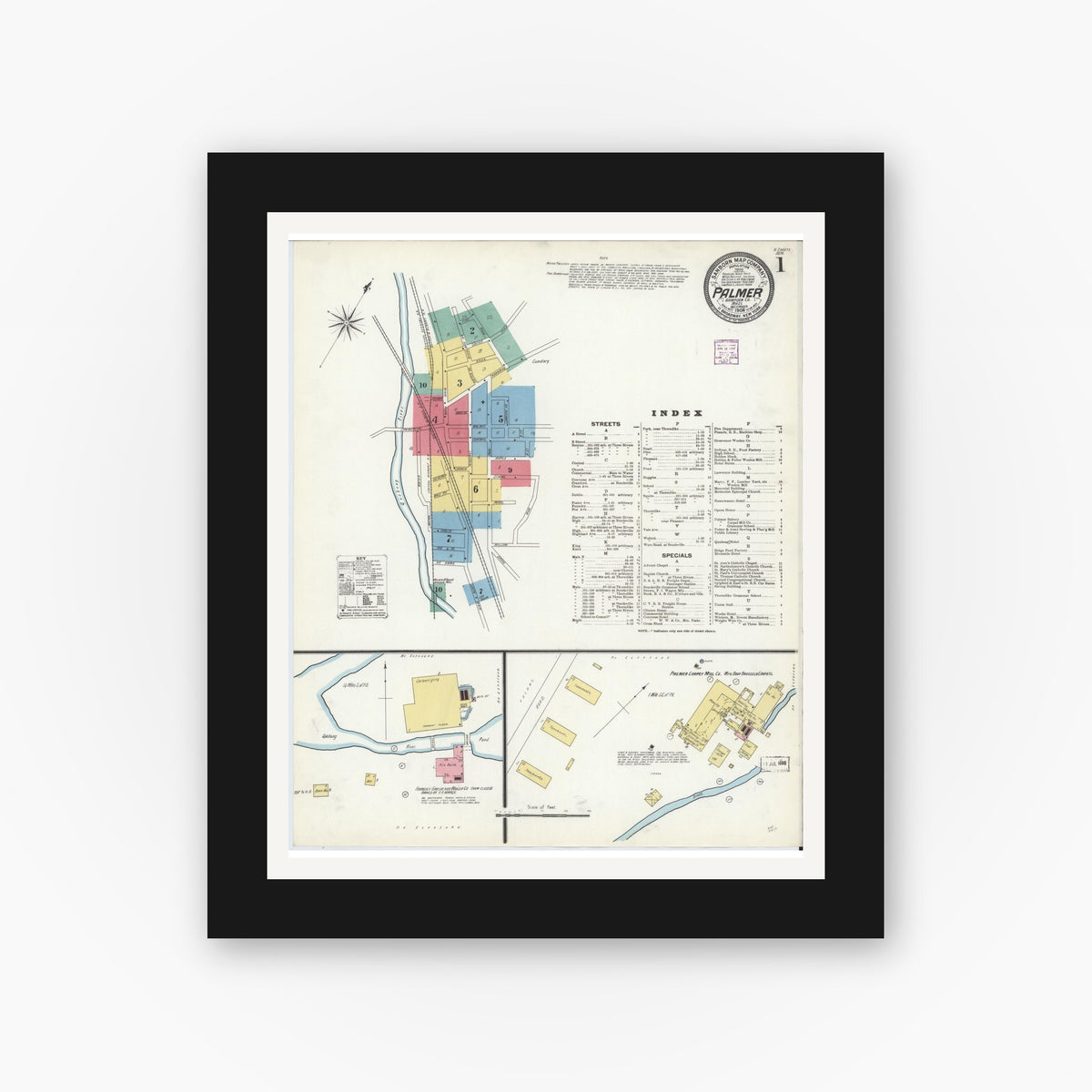 Old map wall art mockup — black gallery frame with white mat — Sanborn Fire Insurance Map from Palmer, Hampden County, Massachusetts (1906) - Complete Map Set