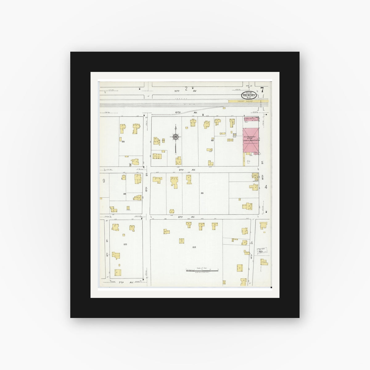 Old map wall art mockup — black gallery frame with white mat — Sanborn Fire Insurance Map from Hickory, Catawba County, North Carolina (1919), Sheet #0007