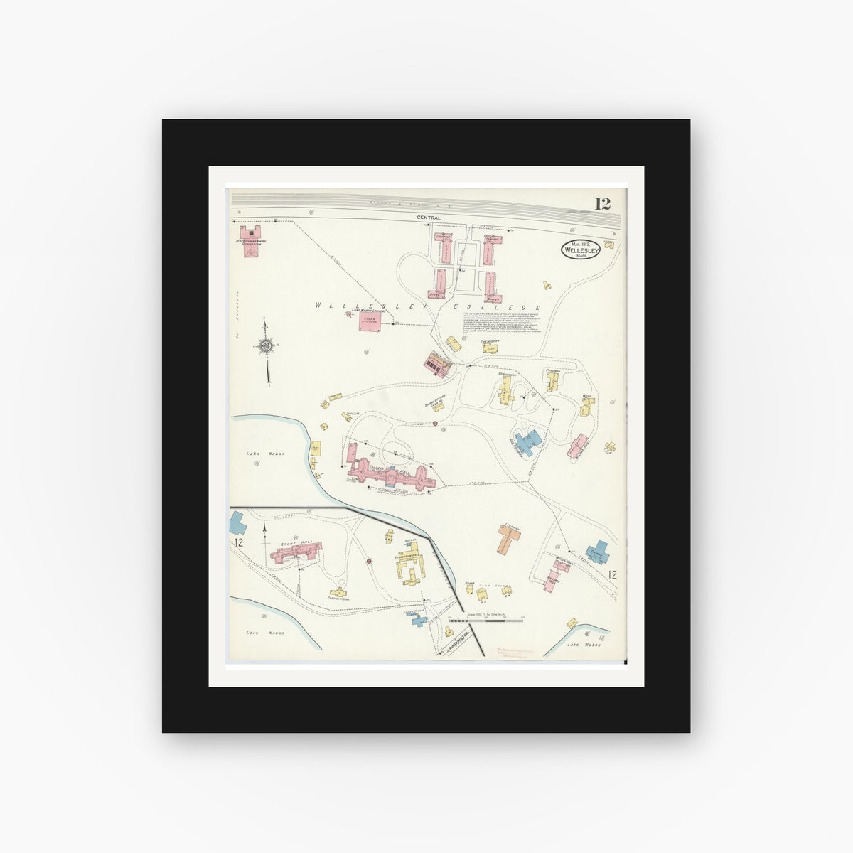 Old map wall art mockup — black gallery frame with white mat — Sanborn Fire Insurance Map from Wellesley, Norfolk County, Massachusetts (1912), Sheet #0012