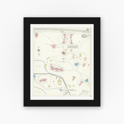 Old map wall art mockup — black gallery frame with white mat — Sanborn Fire Insurance Map from Wellesley, Norfolk County, Massachusetts (1912), Sheet #0012