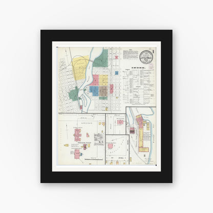Old map wall art mockup — black gallery frame with white mat — Sanborn Fire Insurance Map from Little Falls, Morrison County, Minnesota (1902), Sheet #0001