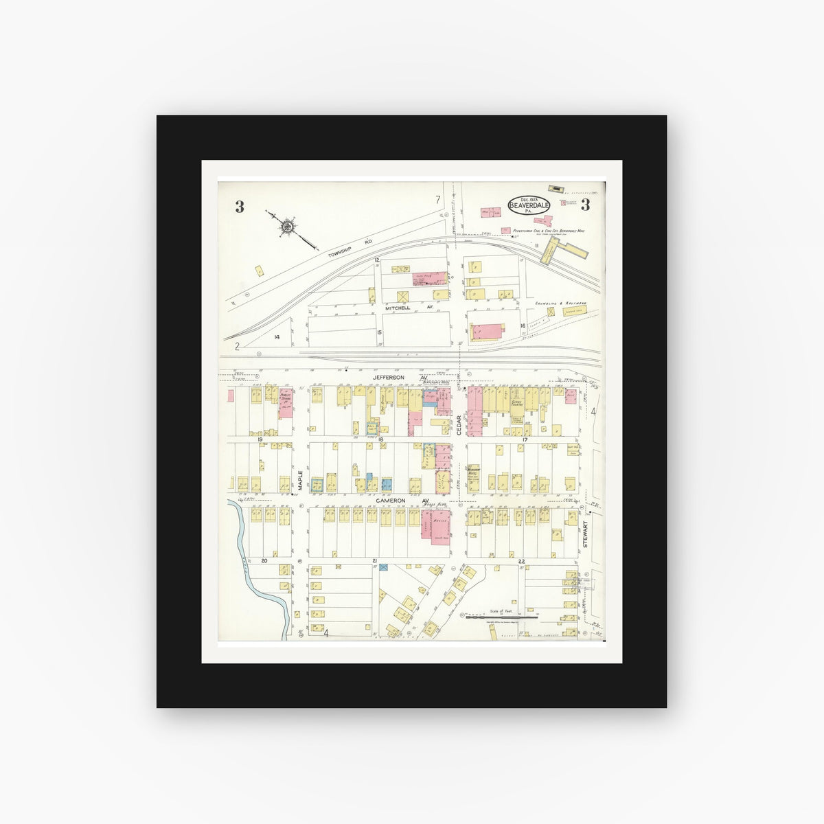 Old map wall art mockup — black gallery frame with white mat — Sanborn Fire Insurance Map from Beaverdale, Cambria County, Pennsylvania (1923), Sheet #0003