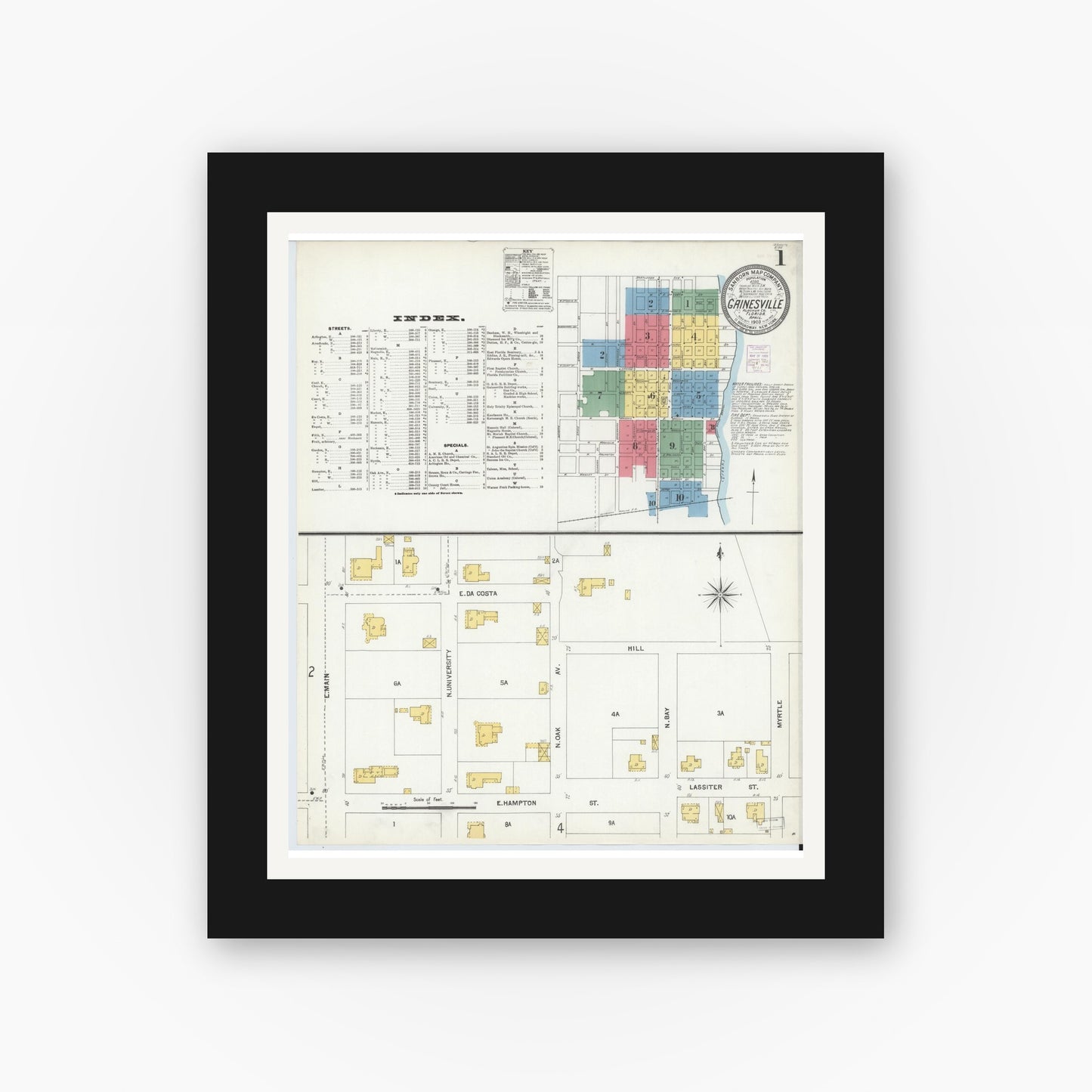 Old map wall art mockup — black gallery frame with white mat — Sanborn Fire Insurance Map from Gainesville, Alachua County, Florida (1903) - Complete Map Set