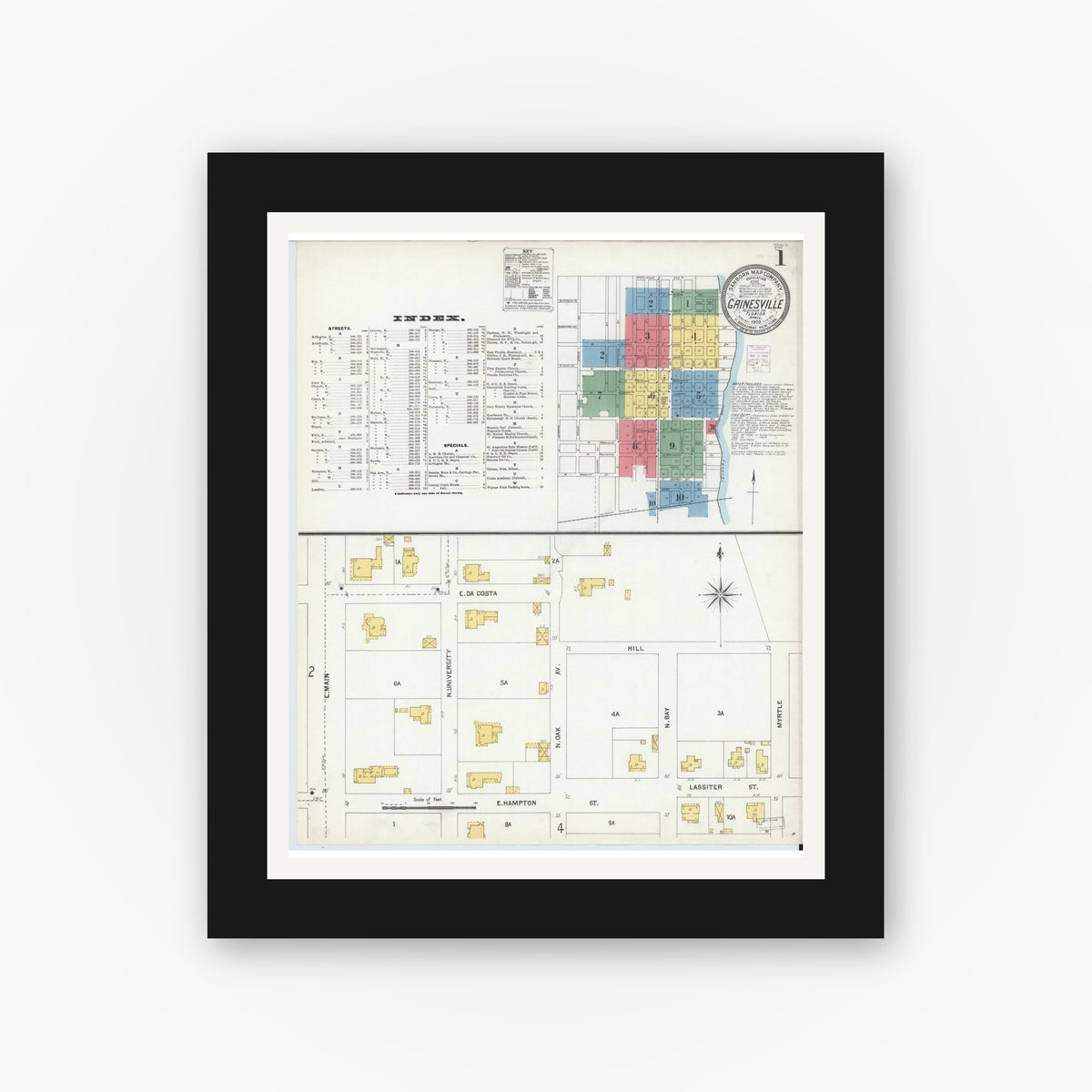 Old map wall art mockup — black gallery frame with white mat — Sanborn Fire Insurance Map from Gainesville, Alachua County, Florida (1903) - Complete Map Set