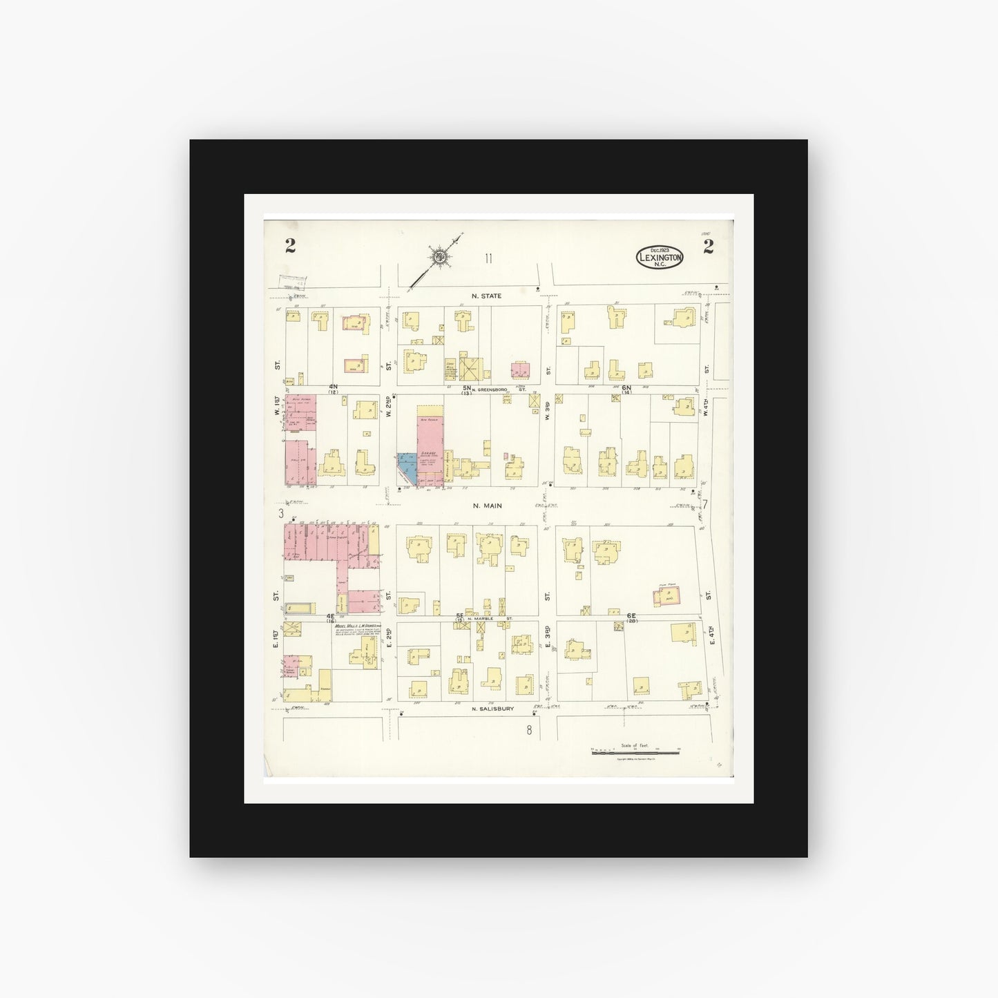 Old map wall art mockup — black gallery frame with white mat — Sanborn Fire Insurance Map from Lexington, Davidson County, North Carolina (1923), Sheet #0002