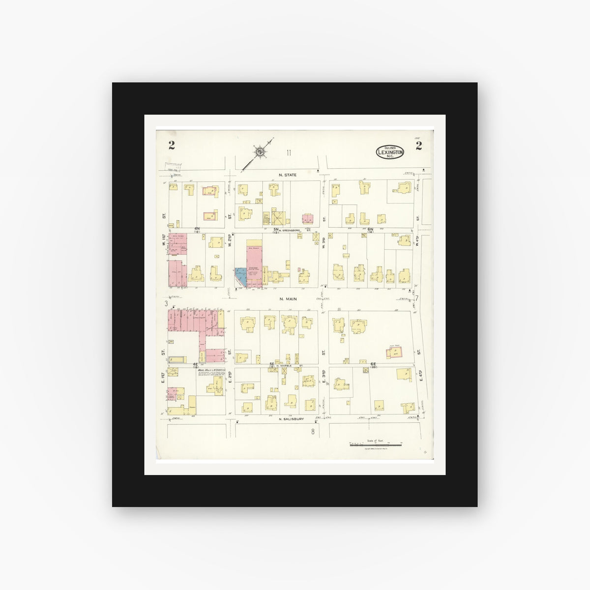 Old map wall art mockup — black gallery frame with white mat — Sanborn Fire Insurance Map from Lexington, Davidson County, North Carolina (1923), Sheet #0002