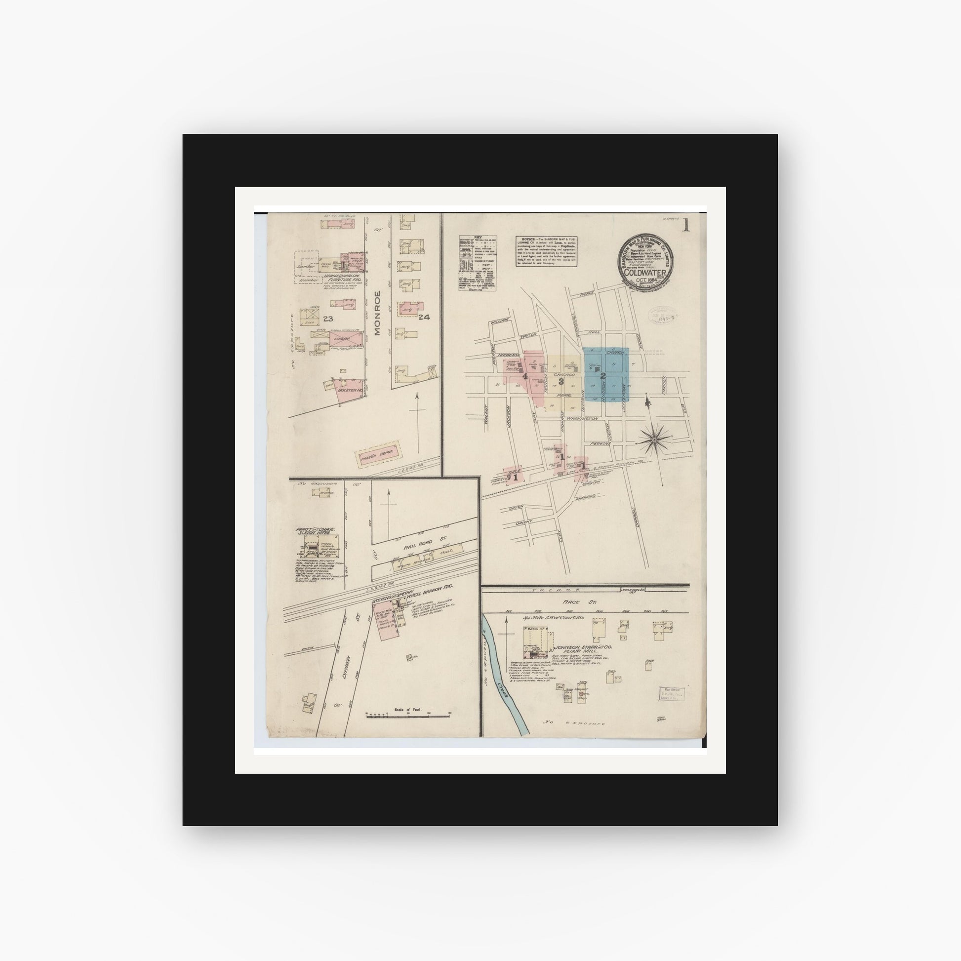 Old map wall art mockup — black gallery frame with white mat — Sanborn Fire Insurance Map from Coldwater, Branch County, Michigan (1884), Sheet #0001