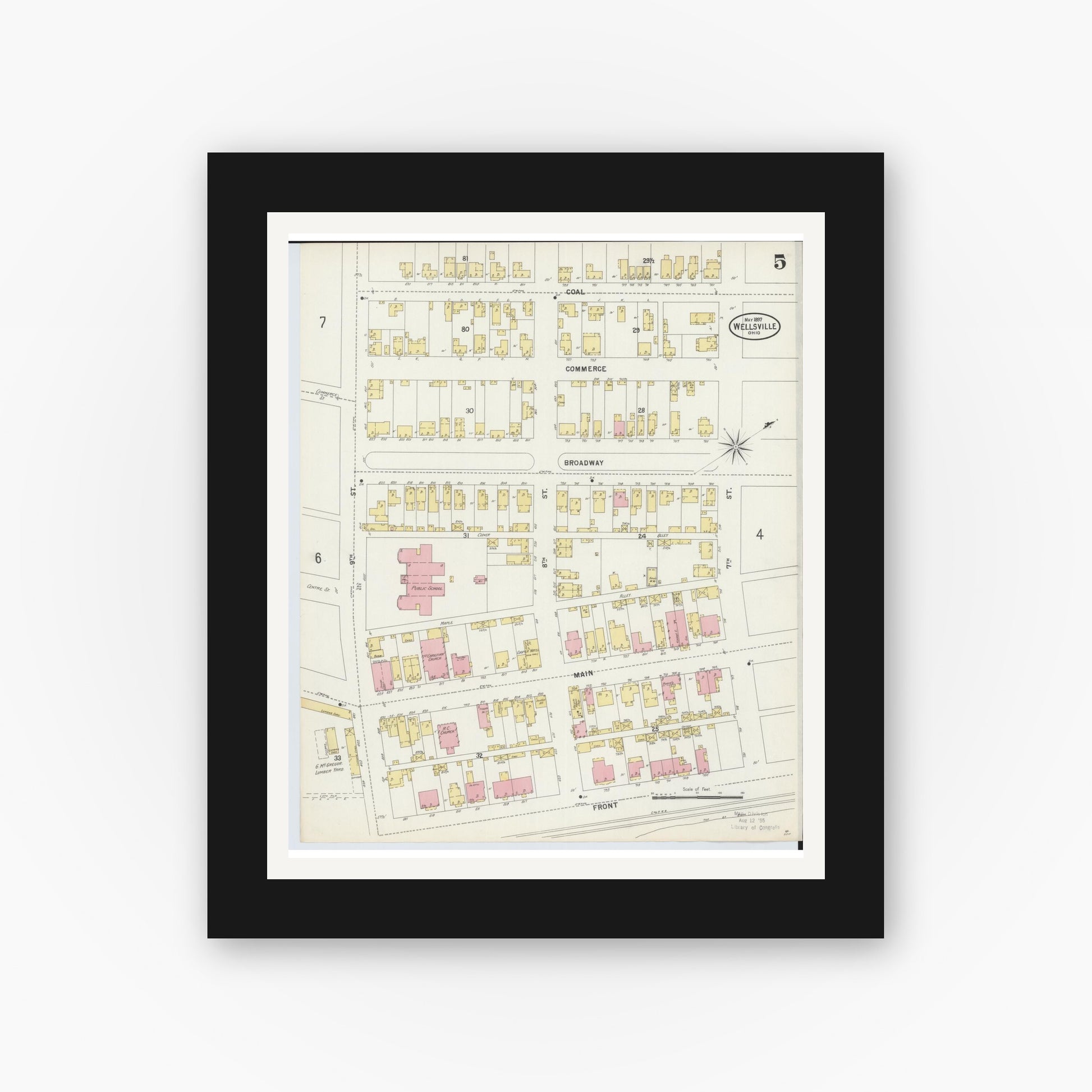 Old map wall art mockup — black gallery frame with white mat — Sanborn Fire Insurance Map from Wellsville, Columbiana County, Ohio (1897), Sheet #0005
