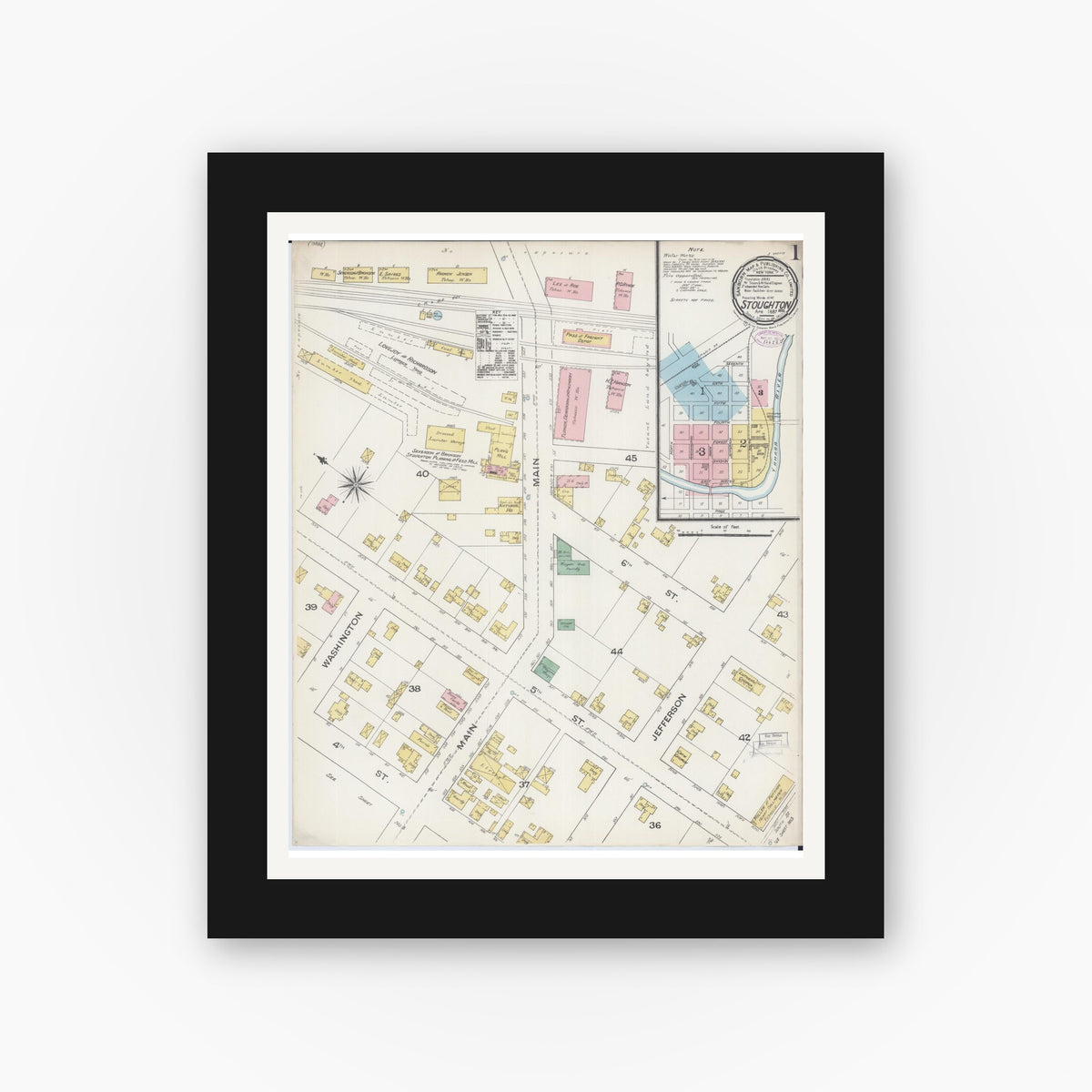 Old map wall art mockup — black gallery frame with white mat — Sanborn Fire Insurance Map from Stoughton, Dane County, Wisconsin (1887) - Complete Map Set