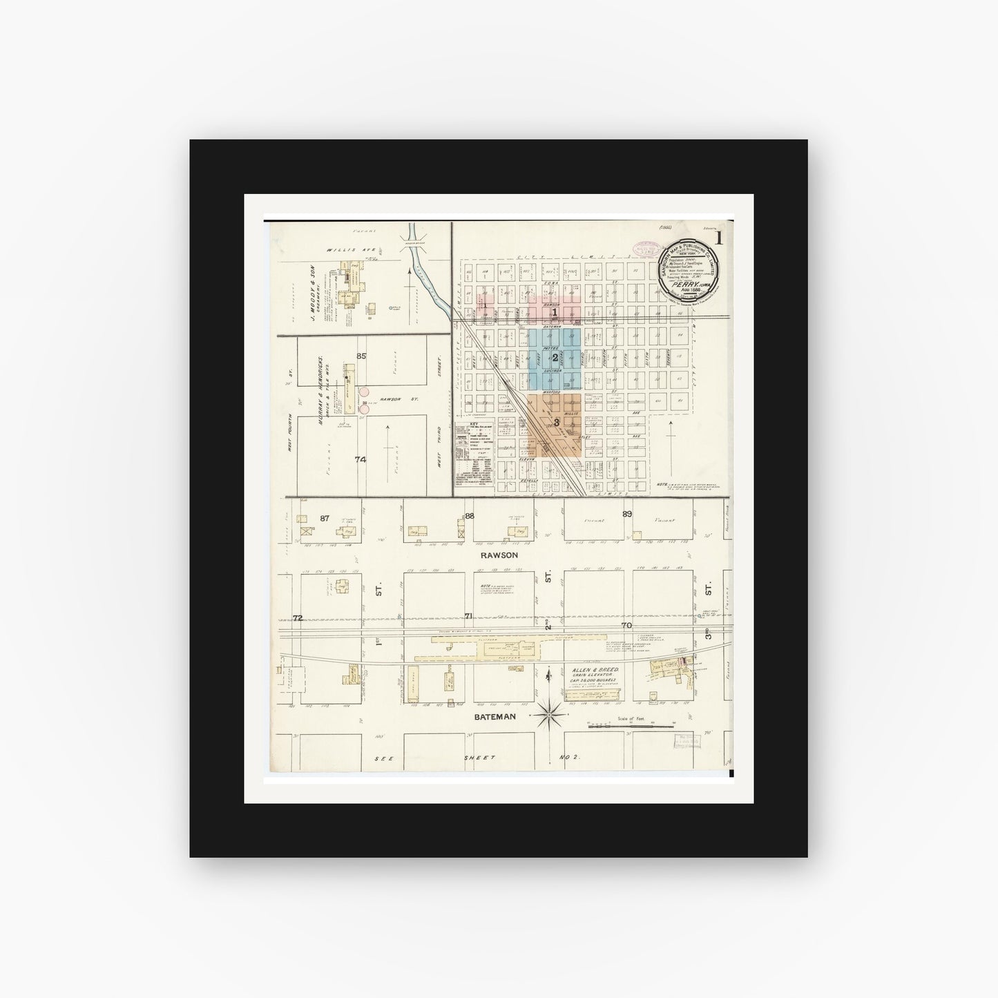 Old map wall art mockup — black gallery frame with white mat — Sanborn Fire Insurance Map from Perry, Dallas County, Iowa (1888), Sheet #0001