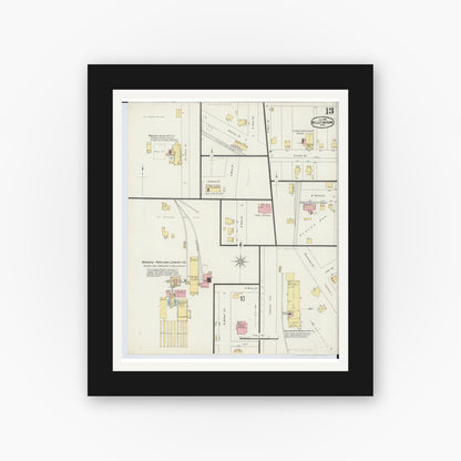 Old map wall art mockup — black gallery frame with white mat — Sanborn Fire Insurance Map from Bellefontaine, Logan County, Ohio (1896), Sheet #0013