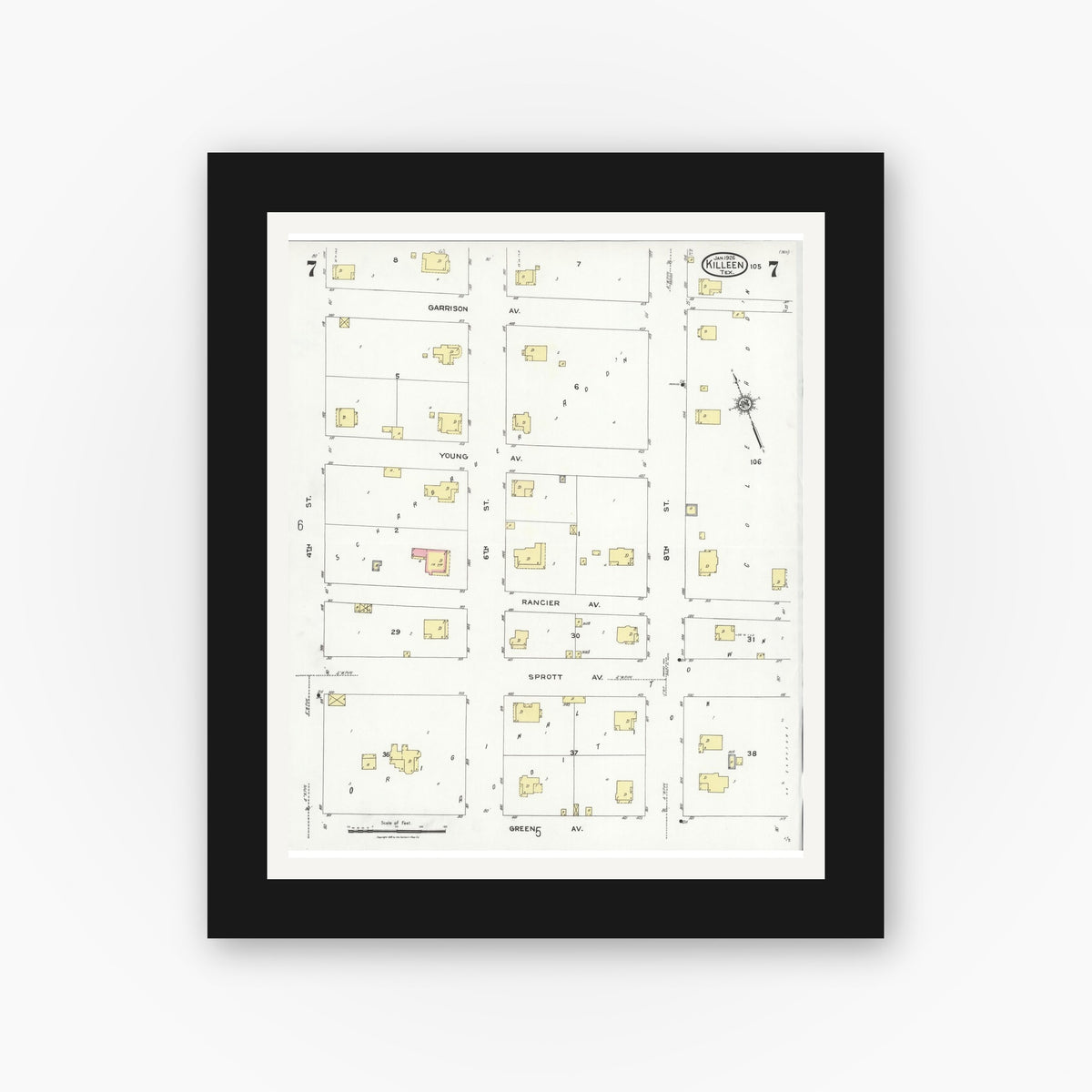 Old map wall art mockup — black gallery frame with white mat — Sanborn Fire Insurance Map from Killeen, Bell County, Texas (1926), Sheet #0007