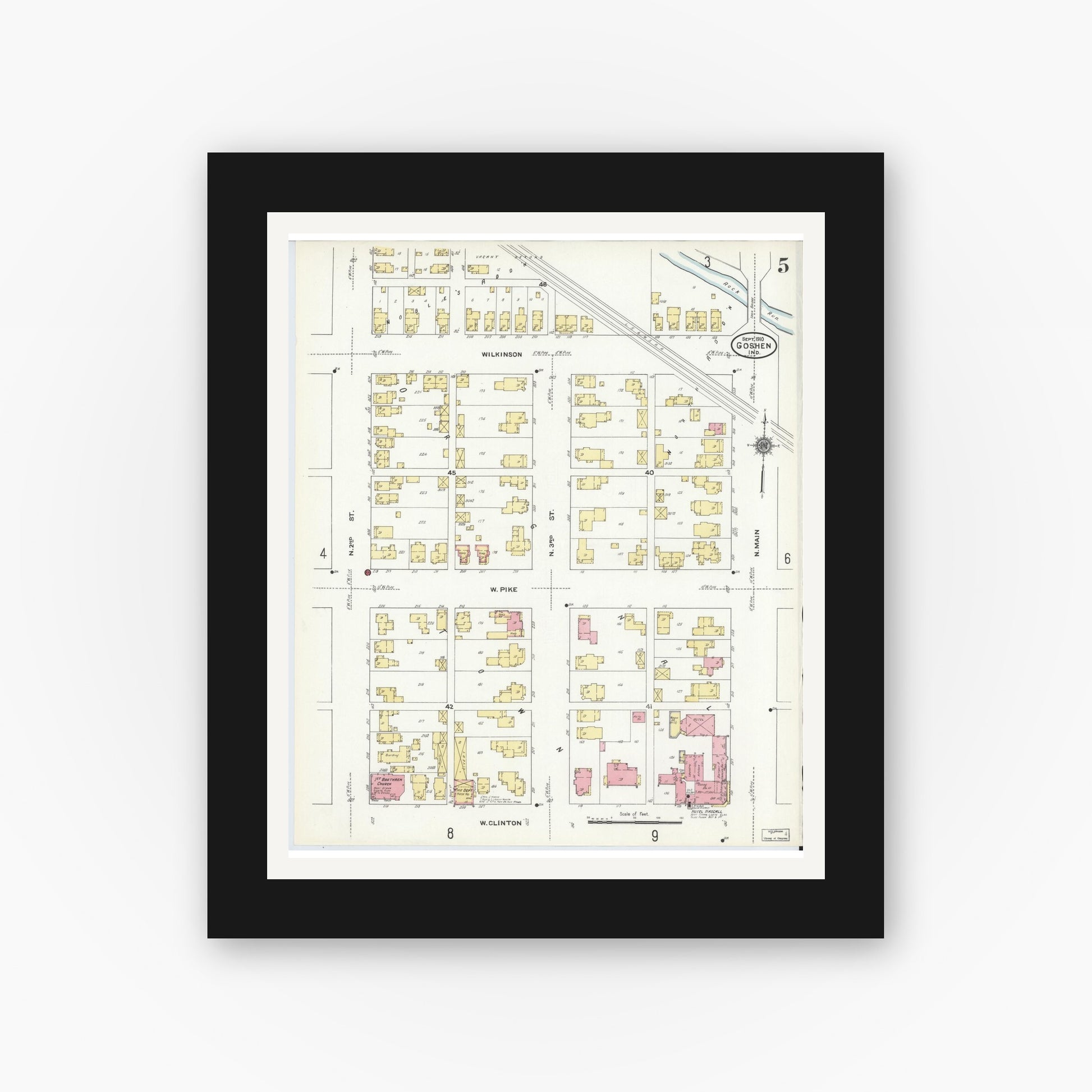 Old map wall art mockup — black gallery frame with white mat — Sanborn Fire Insurance Map from Goshen, Elkhart County, Indiana (1910), Sheet #0005