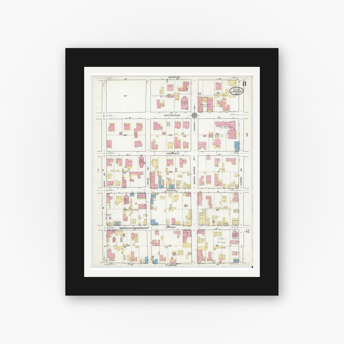Old map wall art mockup — black gallery frame with white mat — Sanborn Fire Insurance Map from Laredo, Webb County, Texas (1916), Sheet #0008