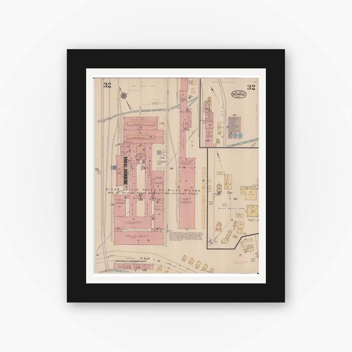 Old map wall art mockup — black gallery frame with white mat — Sanborn Fire Insurance Map from Monroe, Monroe County, Michigan (1922), Sheet #0032