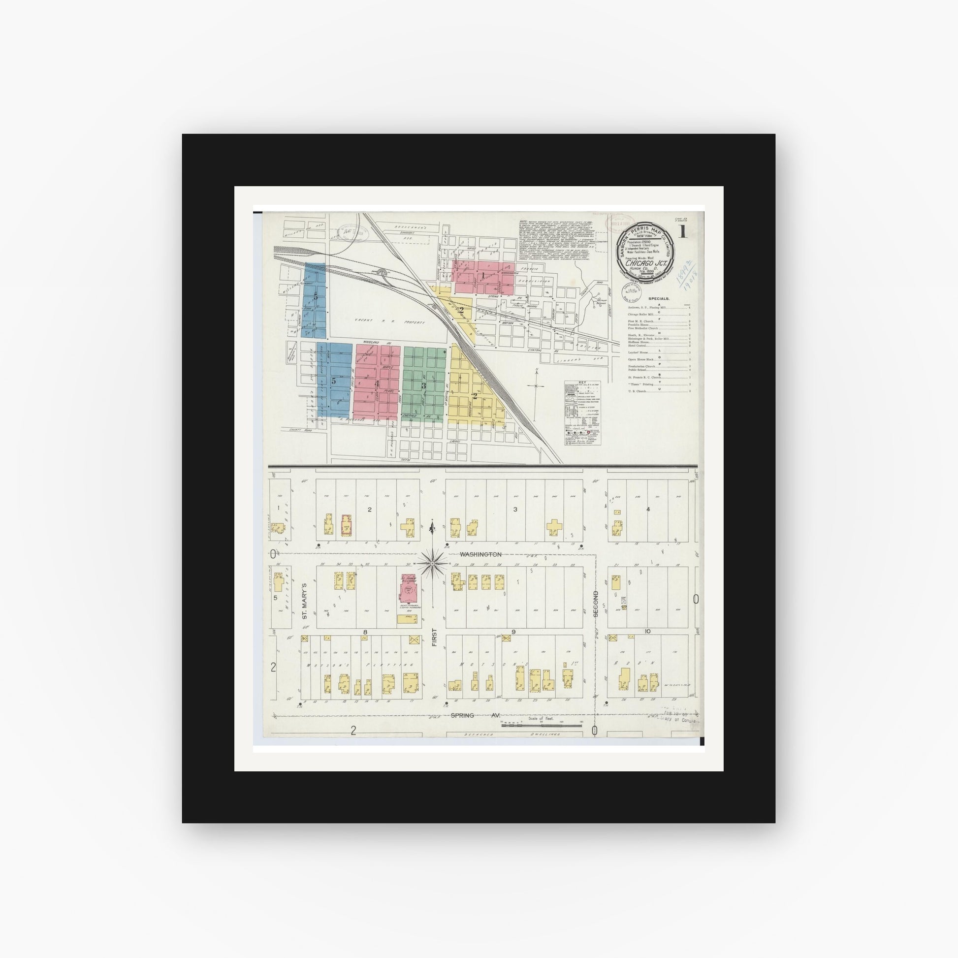 Old map wall art mockup — black gallery frame with white mat — Sanborn Fire Insurance Map from Chicago Junction, Huron County, Ohio (1899), Sheet #0001