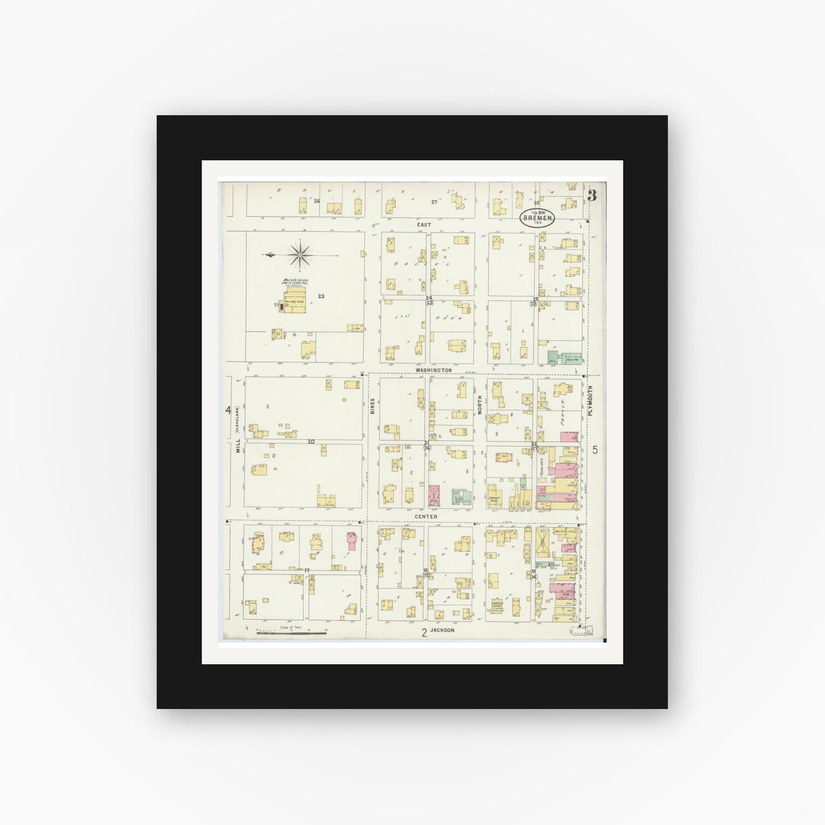 Old map wall art mockup — black gallery frame with white mat — Sanborn Fire Insurance Map from Bremen, Marshall County, Indiana (1898), Sheet #0003