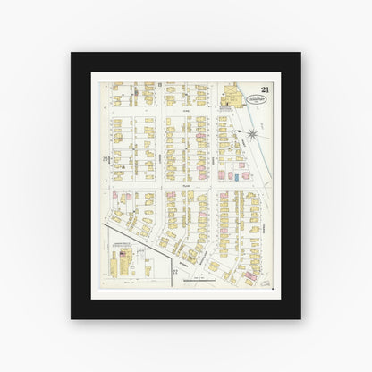 Old map wall art mockup — black gallery frame with white mat — Sanborn Fire Insurance Map from Logansport, Cass County, Indiana (1906), Sheet #0021