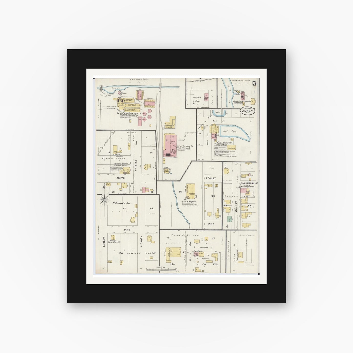 Old map wall art mockup — black gallery frame with white mat — Sanborn Fire Insurance Map from Olney, Richland County, Illinois (1897), Sheet #0005