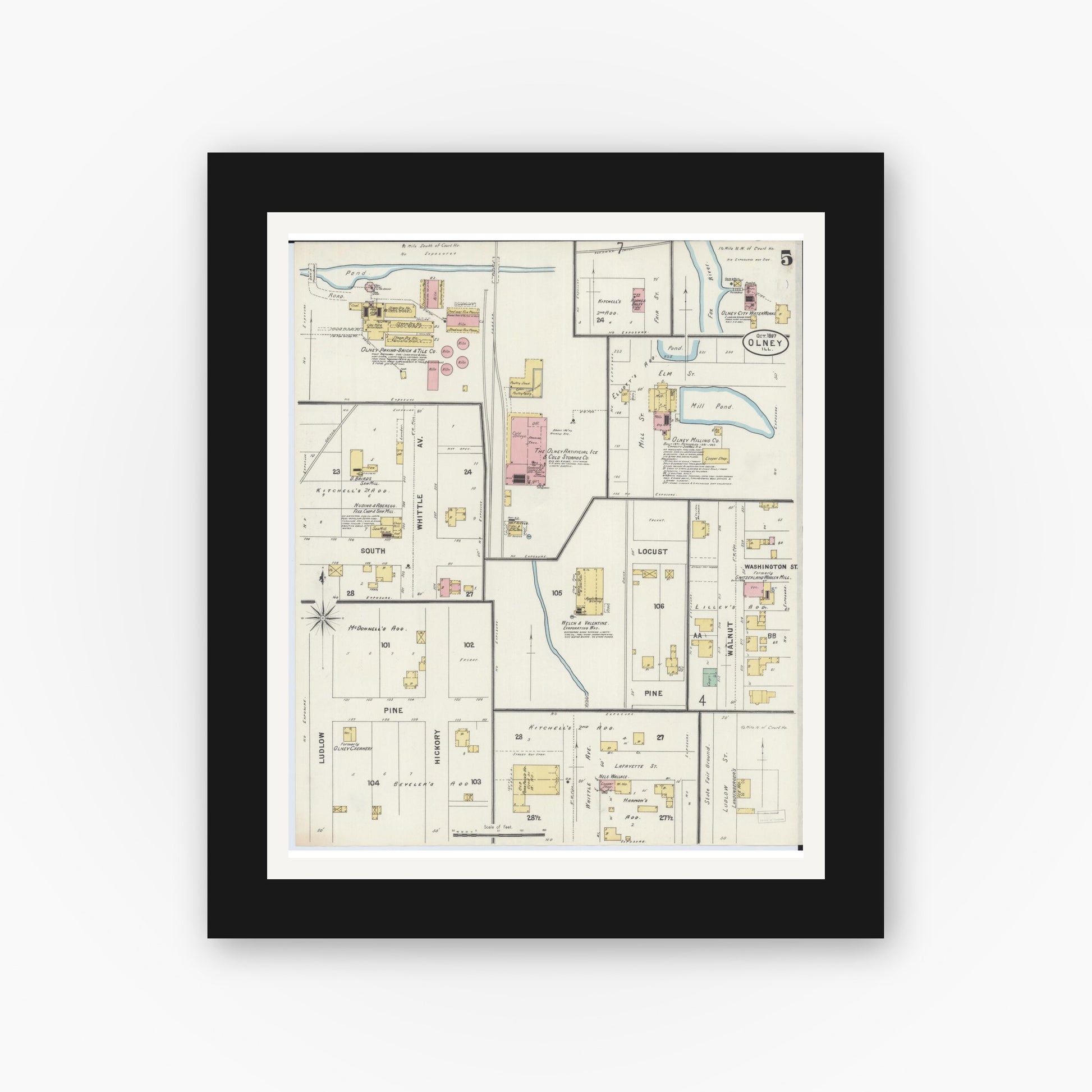 Old map wall art mockup — black gallery frame with white mat — Sanborn Fire Insurance Map from Olney, Richland County, Illinois (1897), Sheet #0005