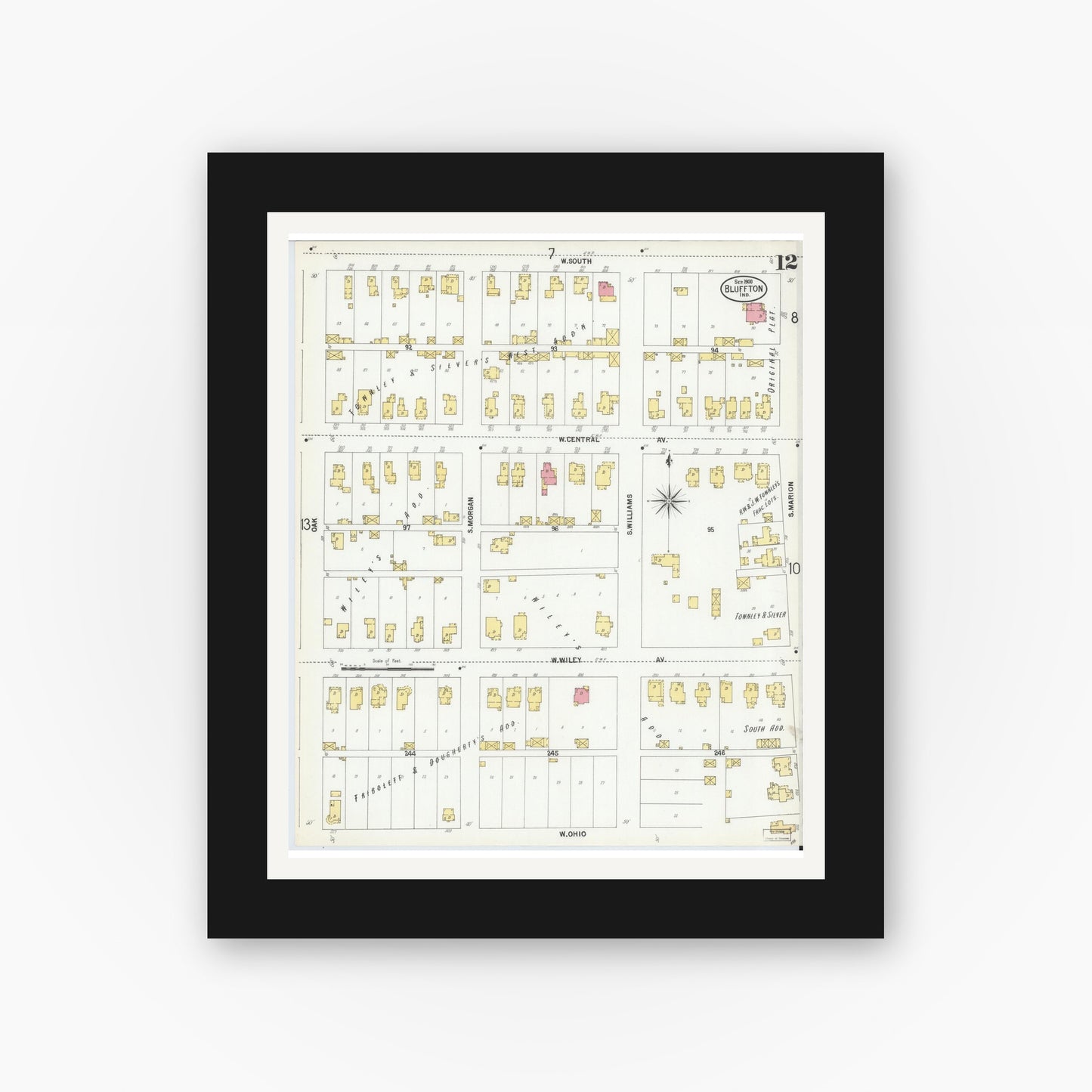 Old map wall art mockup — black gallery frame with white mat — Sanborn Fire Insurance Map from Bluffton, Wells County, Indiana (1900), Sheet #0012