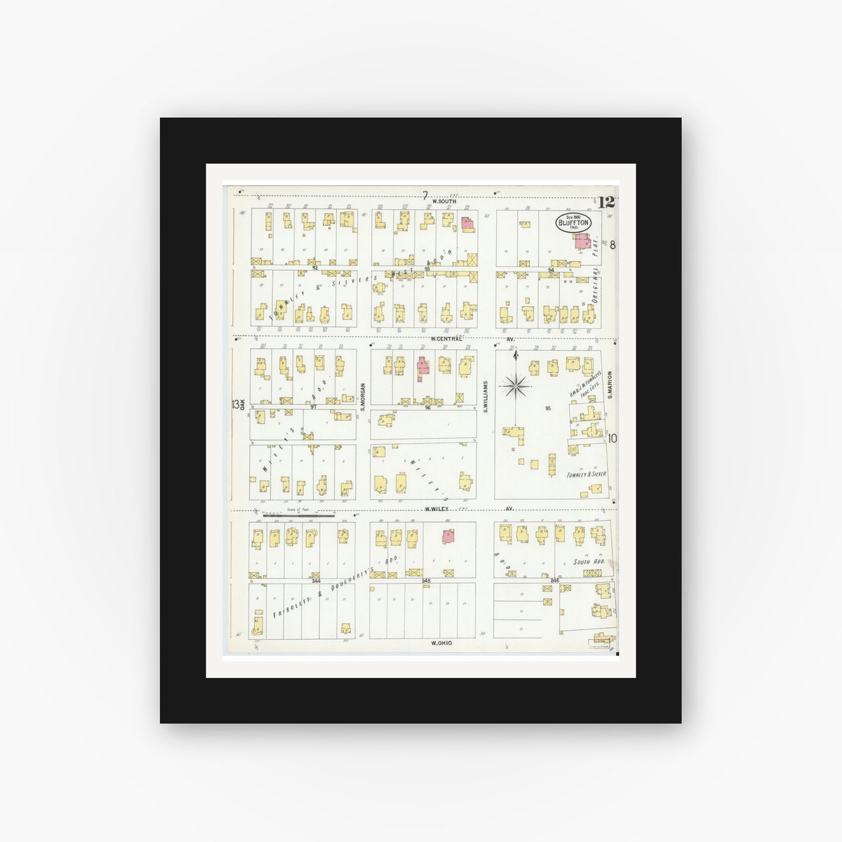 Old map wall art mockup — black gallery frame with white mat — Sanborn Fire Insurance Map from Bluffton, Wells County, Indiana (1900), Sheet #0012