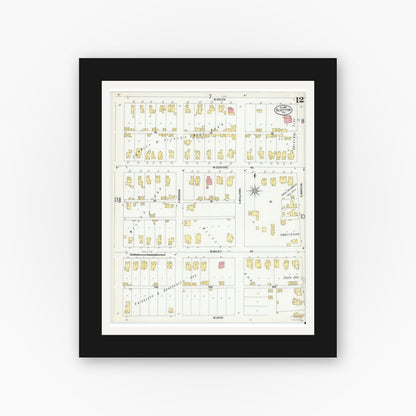 Old map wall art mockup — black gallery frame with white mat — Sanborn Fire Insurance Map from Bluffton, Wells County, Indiana (1900), Sheet #0012