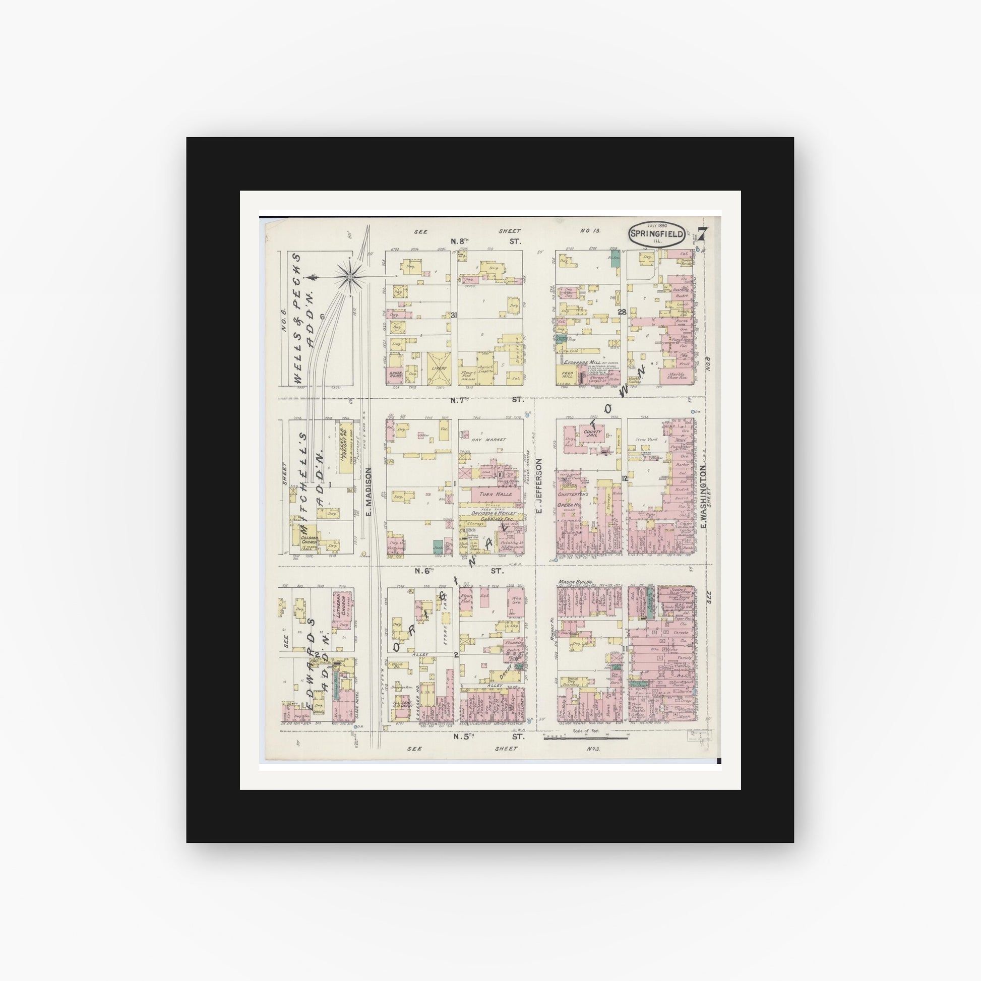 Old map wall art mockup — black gallery frame with white mat — Sanborn Fire Insurance Map from Springfield, Sangamon County, Illinois (1890), Sheet #0007