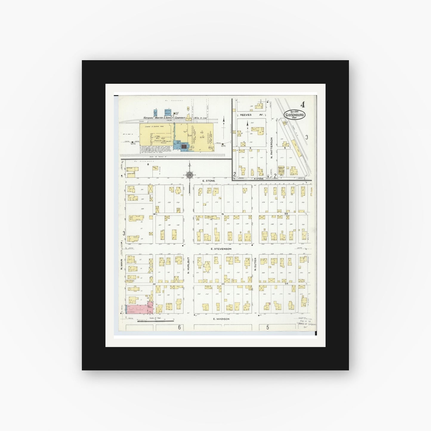 Old map wall art mockup — black gallery frame with white mat — Sanborn Fire Insurance Map from Gibsonburg, Sandusky County, Ohio (1910), Sheet #0004