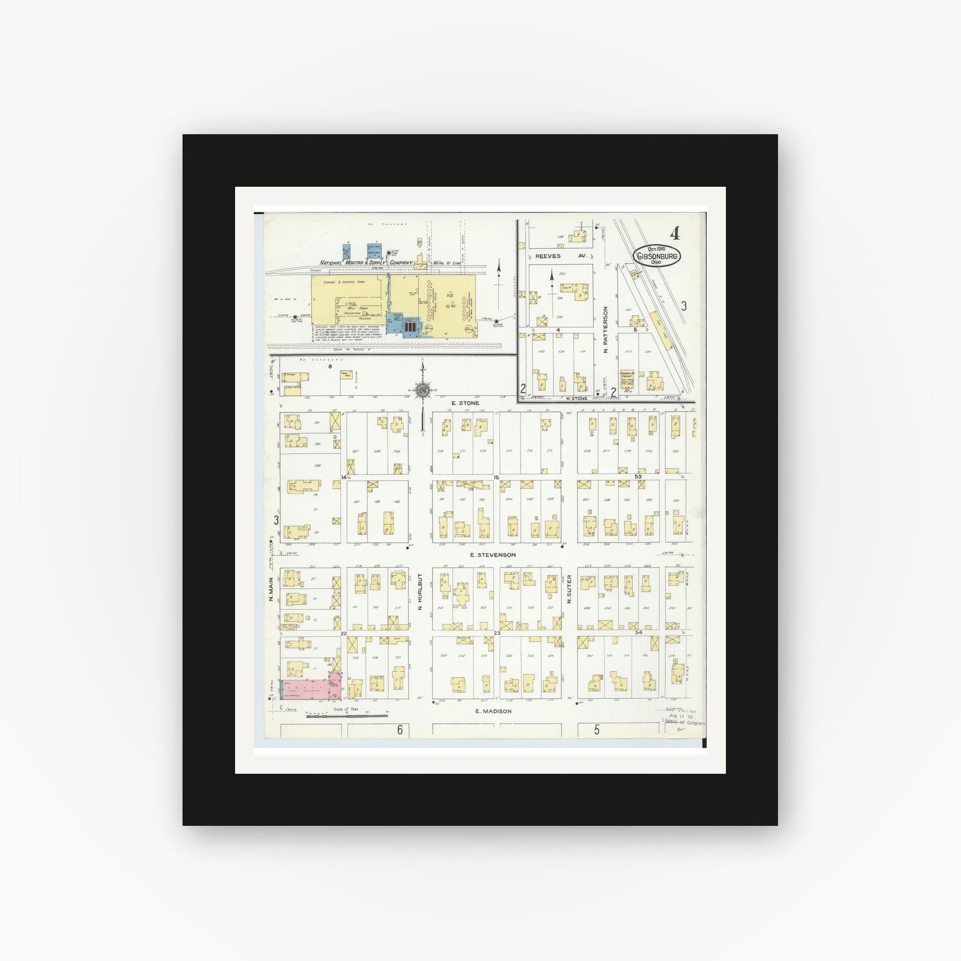 Old map wall art mockup — black gallery frame with white mat — Sanborn Fire Insurance Map from Gibsonburg, Sandusky County, Ohio (1910), Sheet #0004