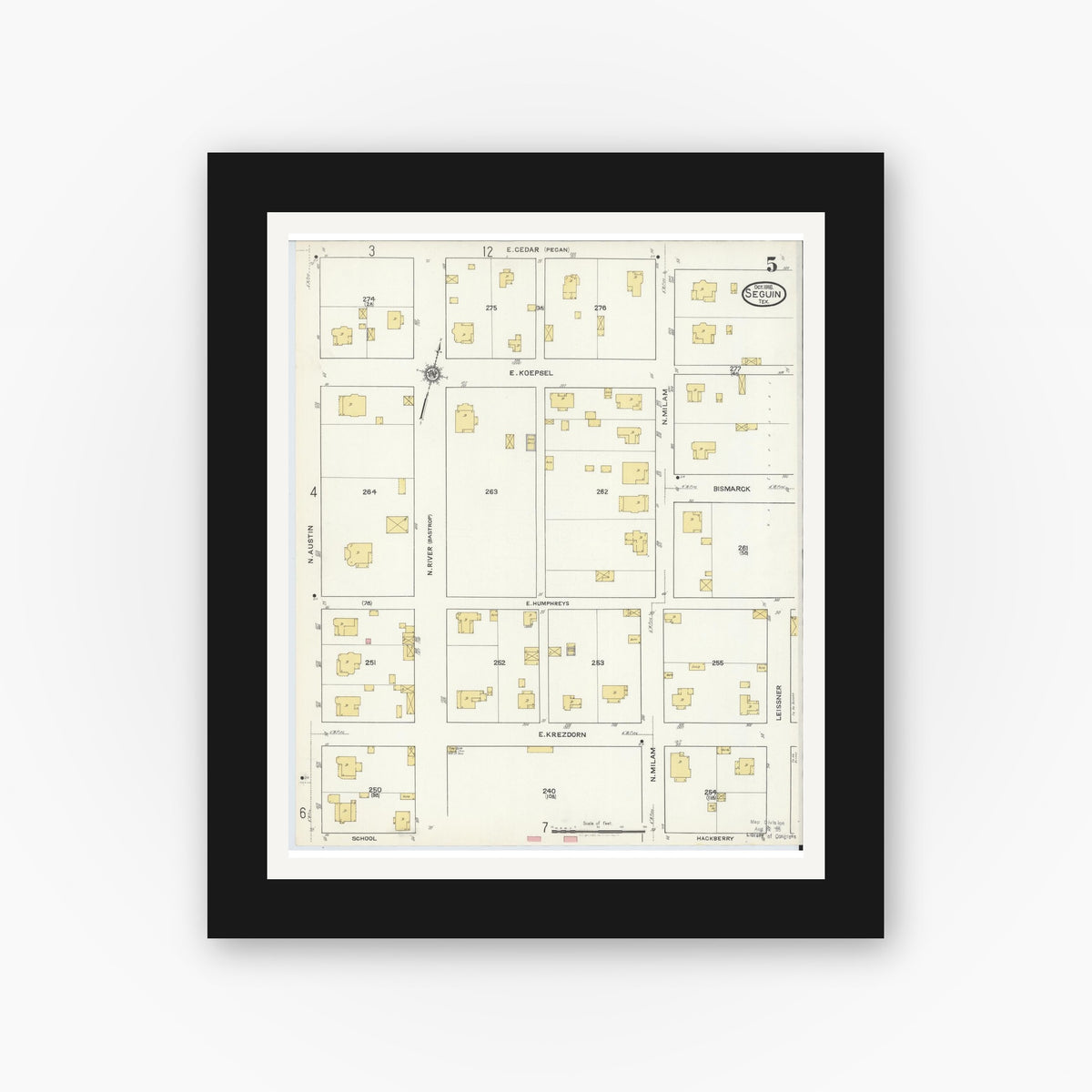 Old map wall art mockup — black gallery frame with white mat — Sanborn Fire Insurance Map from Seguin, Guadalupe County, Texas (1916), Sheet #0005
