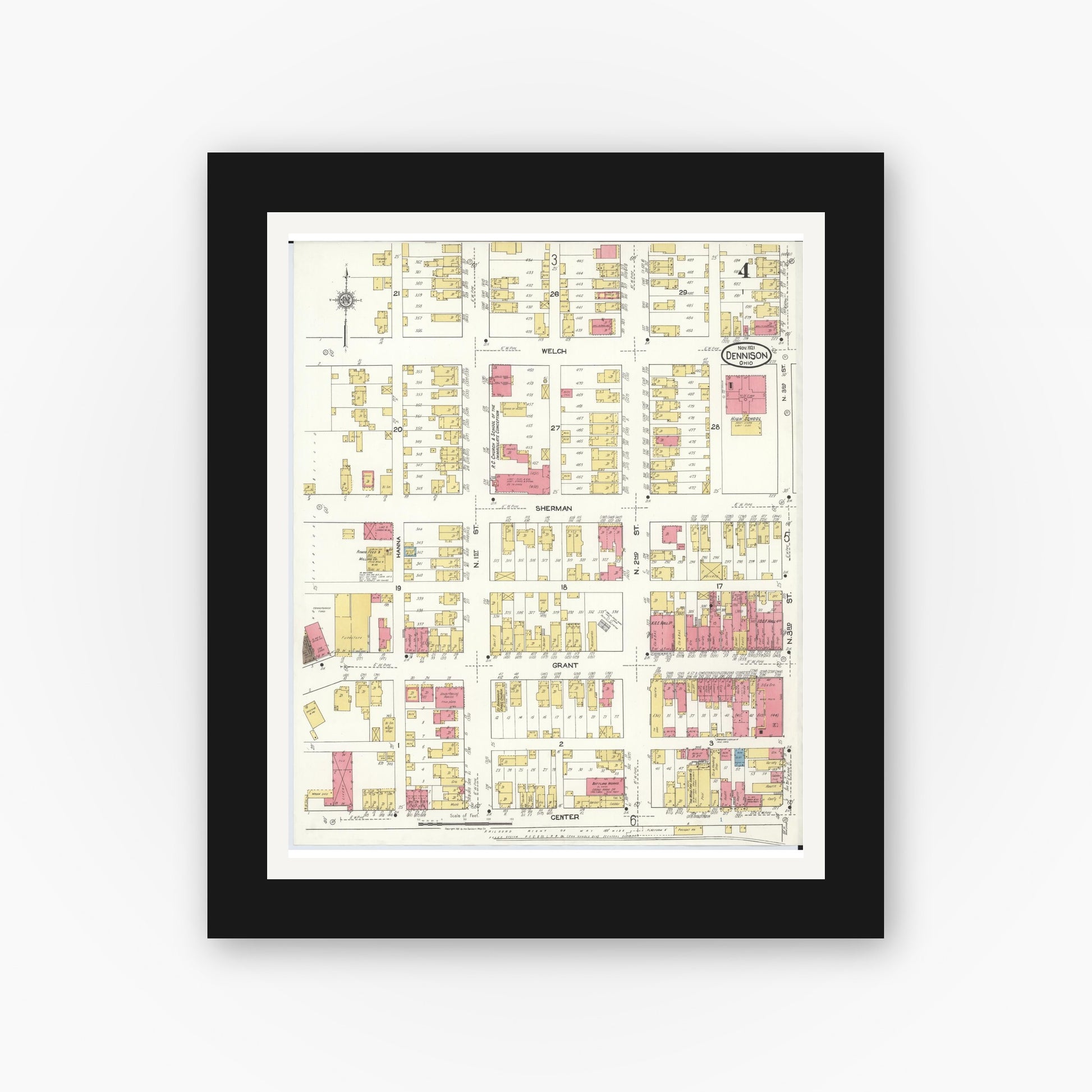 Old map wall art mockup — black gallery frame with white mat — Sanborn Fire Insurance Map from Dennison, Tuscarawas County, Ohio (1921), Sheet #0004