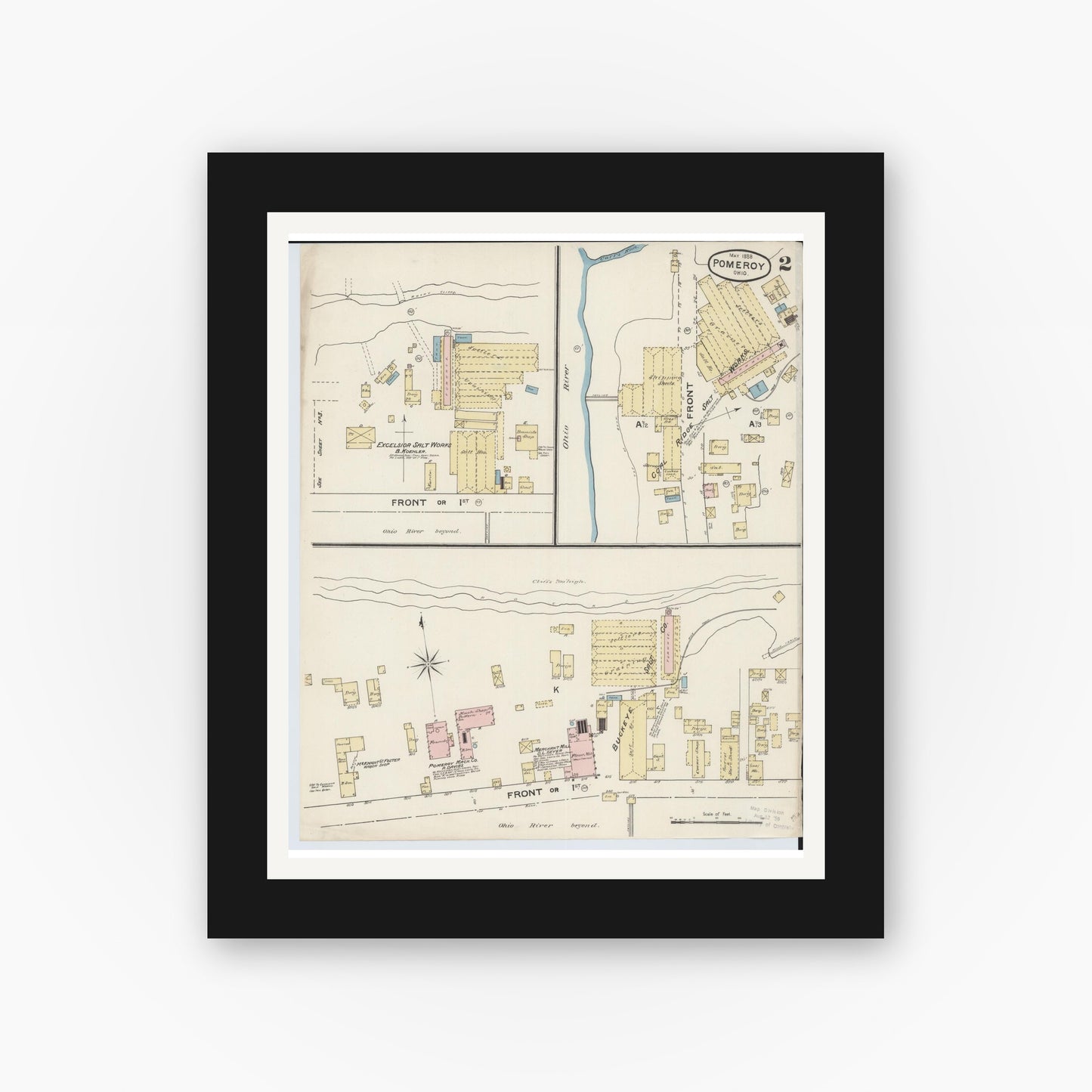 Old map wall art mockup — black gallery frame with white mat — Sanborn Fire Insurance Map from Pomeroy, Meigs County, Ohio (1888), Sheet #0002