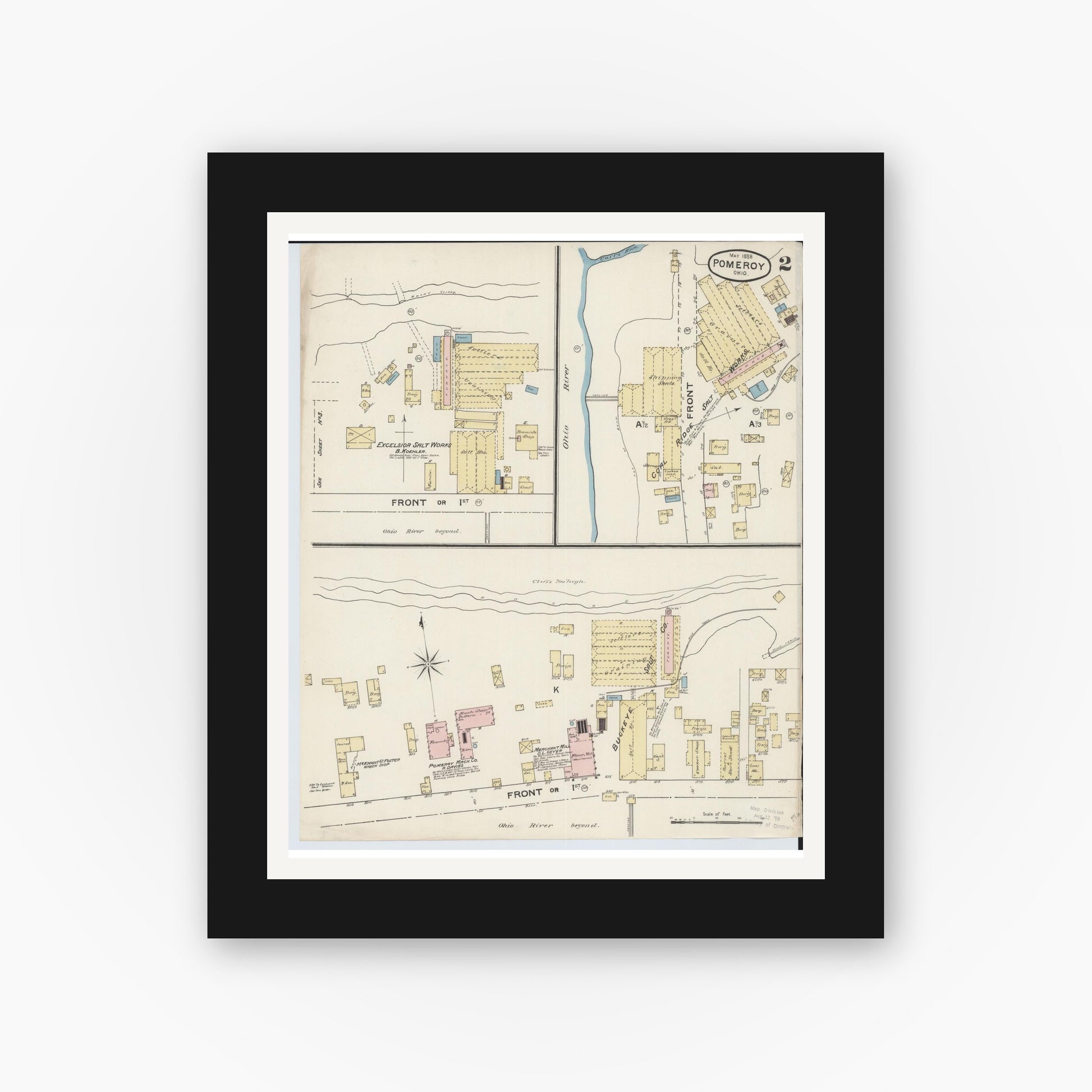 Old map wall art mockup — black gallery frame with white mat — Sanborn Fire Insurance Map from Pomeroy, Meigs County, Ohio (1888), Sheet #0002