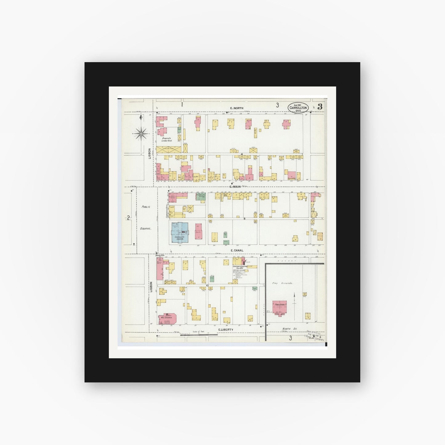 Old map wall art mockup — black gallery frame with white mat — Sanborn Fire Insurance Map from Carrollton, Carroll County, Ohio (1901), Sheet #0003