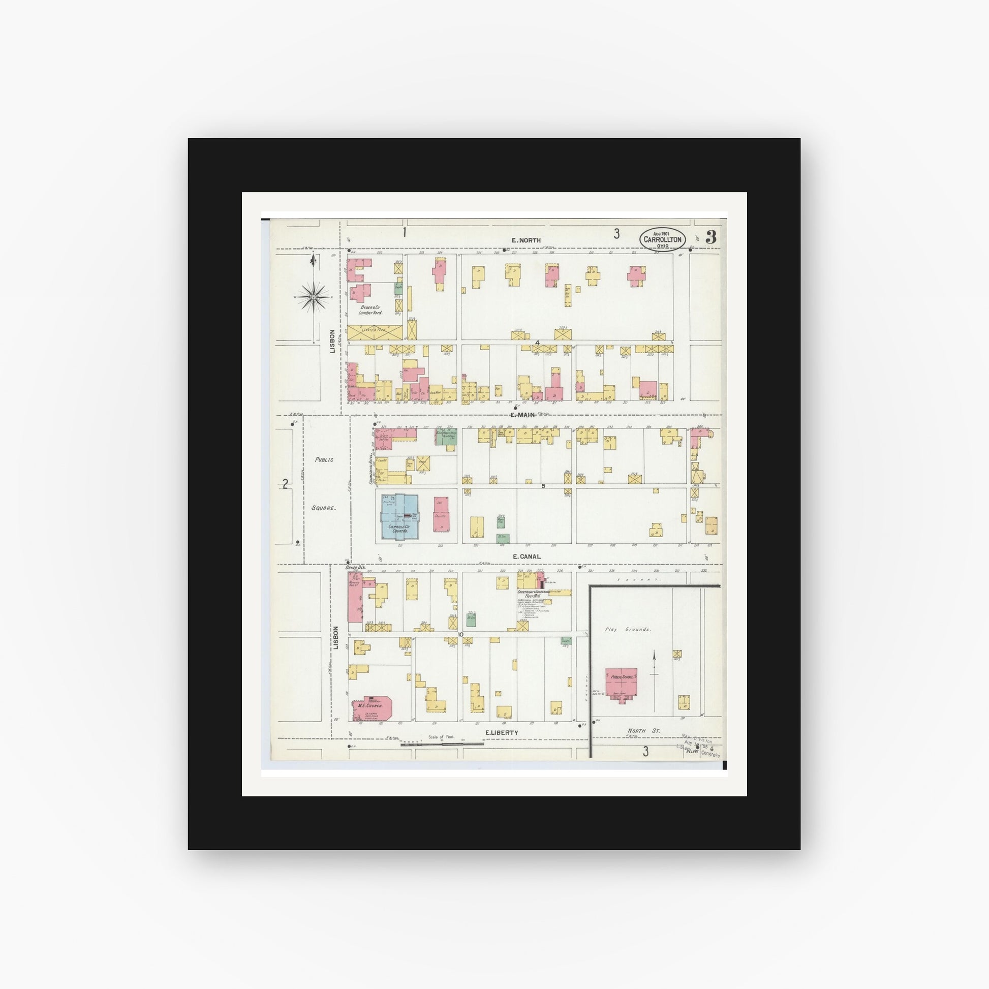 Old map wall art mockup — black gallery frame with white mat — Sanborn Fire Insurance Map from Carrollton, Carroll County, Ohio (1901), Sheet #0003