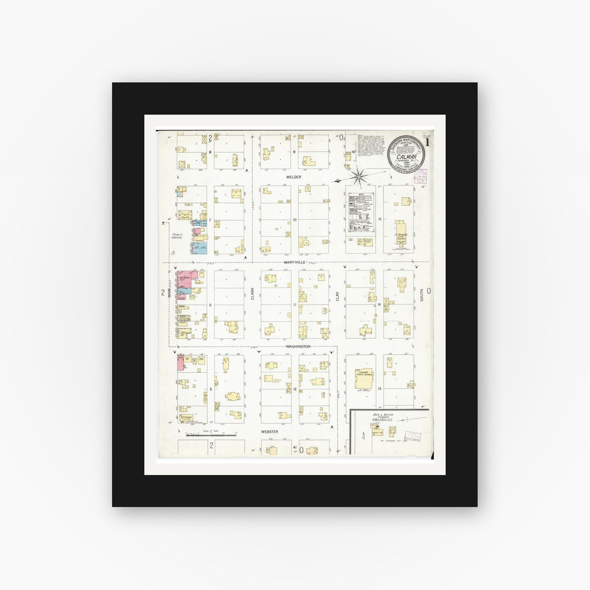 Old map wall art mockup — black gallery frame with white mat — Sanborn Fire Insurance Map from Calmar, Winneshiek County, Iowa (1902) â€” Complete Set