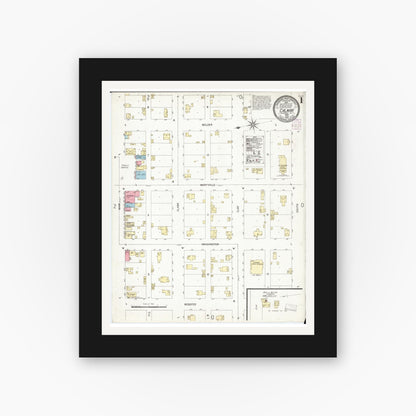 Old map wall art mockup — black gallery frame with white mat — Sanborn Fire Insurance Map from Calmar, Winneshiek County, Iowa (1902) â€” Complete Set