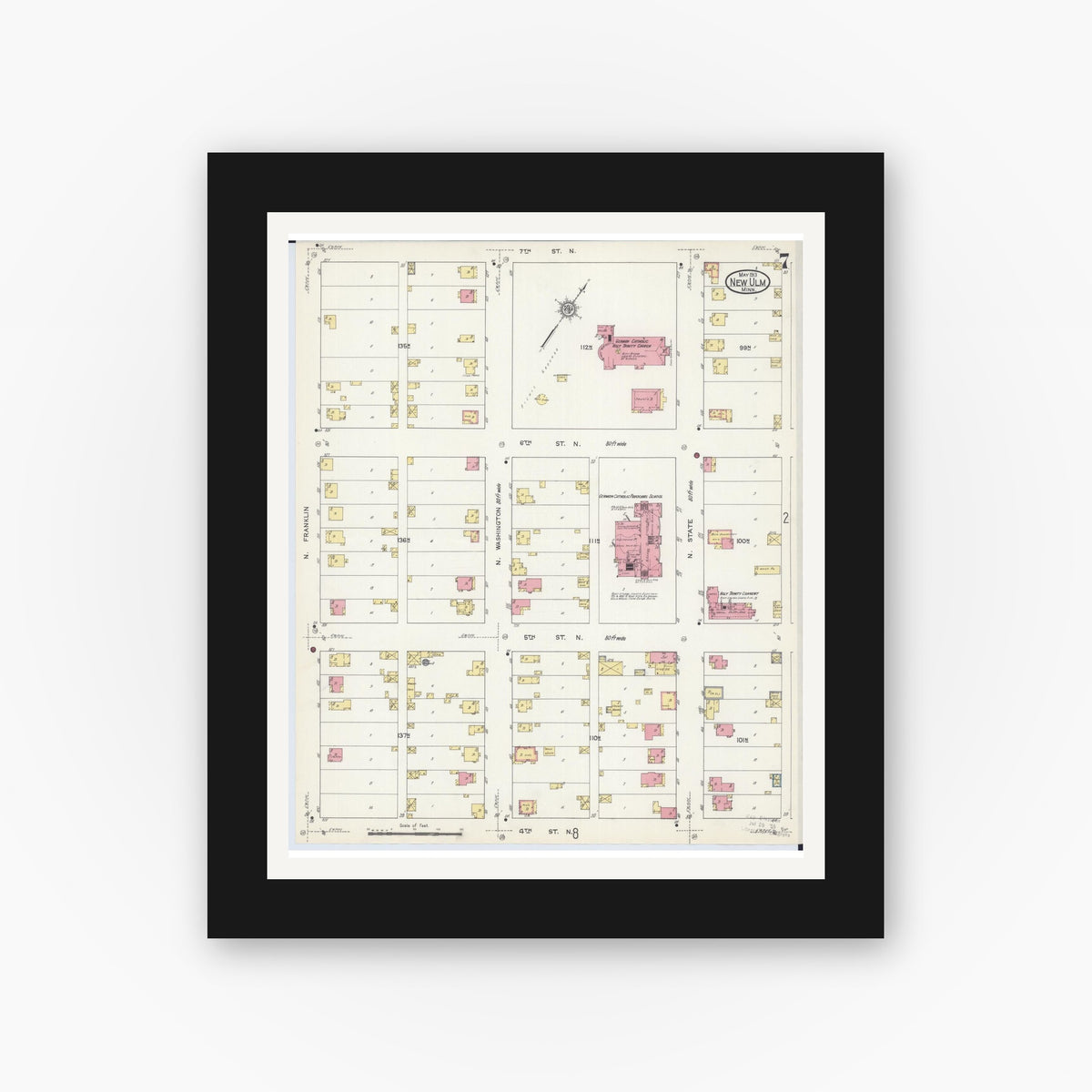Old map wall art mockup — black gallery frame with white mat — Sanborn Fire Insurance Map from New Ulm, Brown County, Minnesota (1913), Sheet #0007